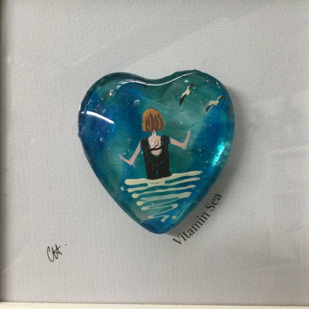 Framed Fused Glass Round Heart - Wild Sea Swimmer