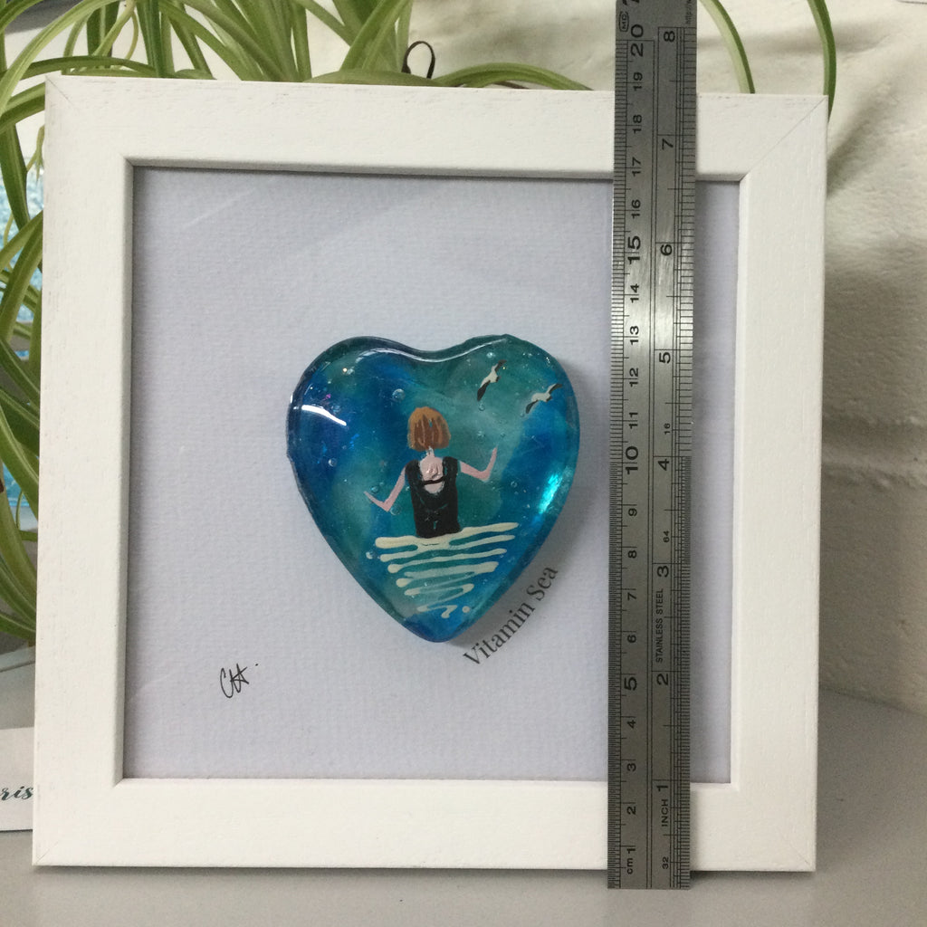 Framed Fused Glass Round Heart - Wild Sea Swimmer
