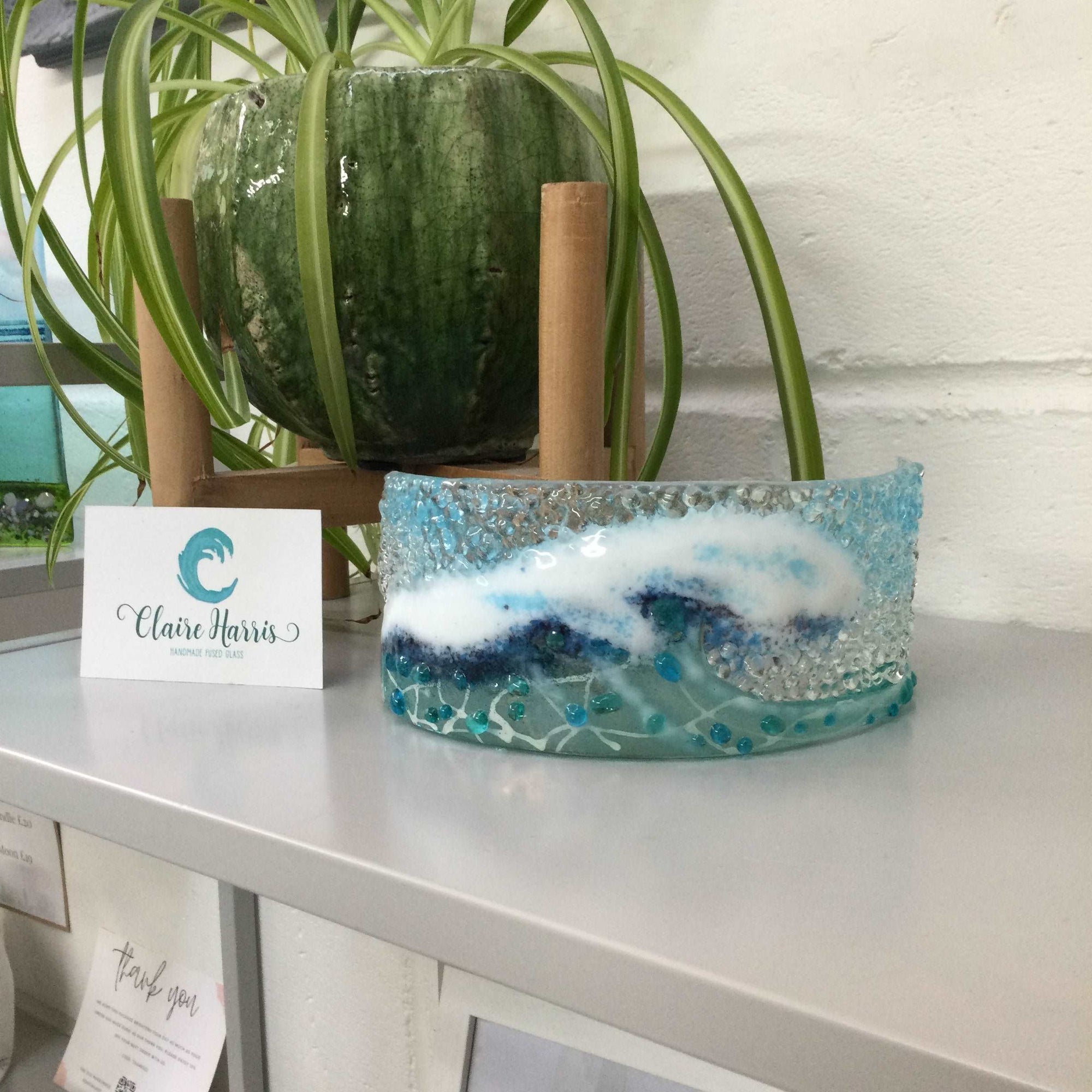 Curve - Light Aqua Crashing Wave - Fused Glass By Claire Harris 