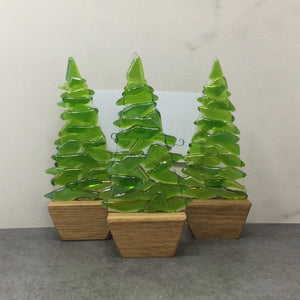 Fused Glass Green Fir Tree, Christmas Tree with Wooden Base
