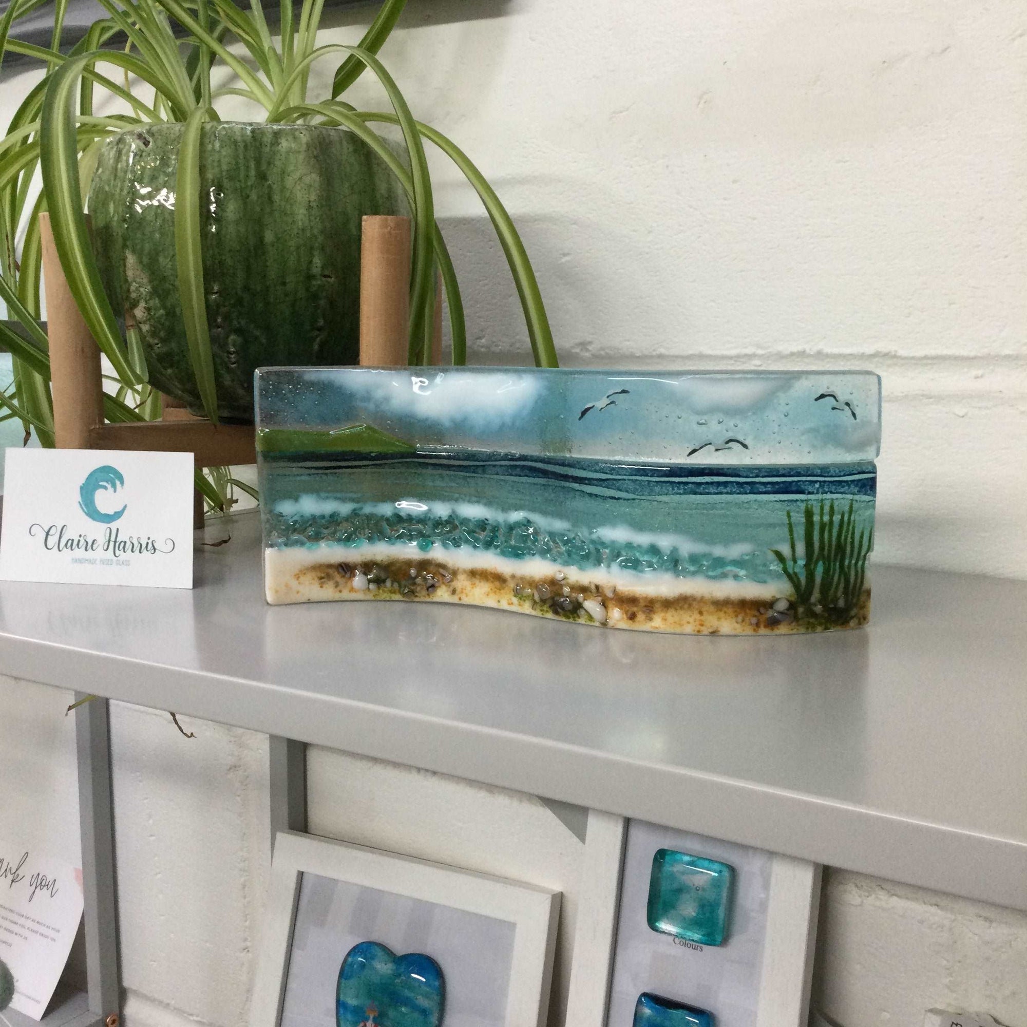 Large Freestanding Wave - Sea Scene with grass - Fused Glass By Claire Harris 