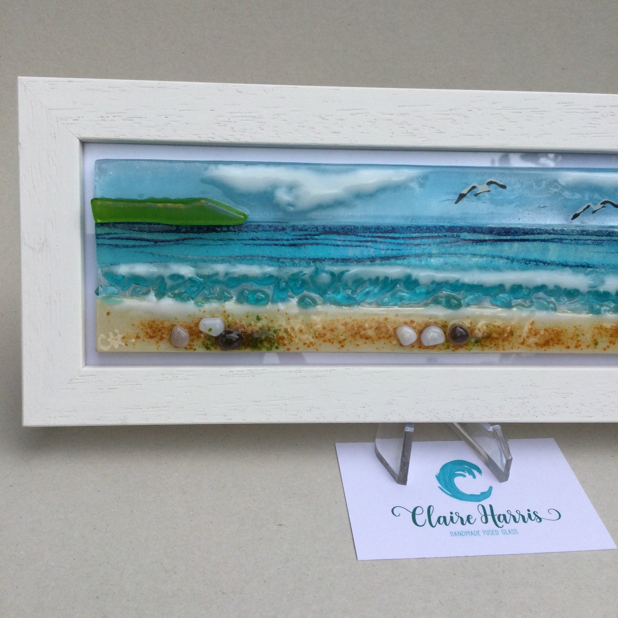 Limited Edition Framed Sea Scene, rectangle framed fused glass