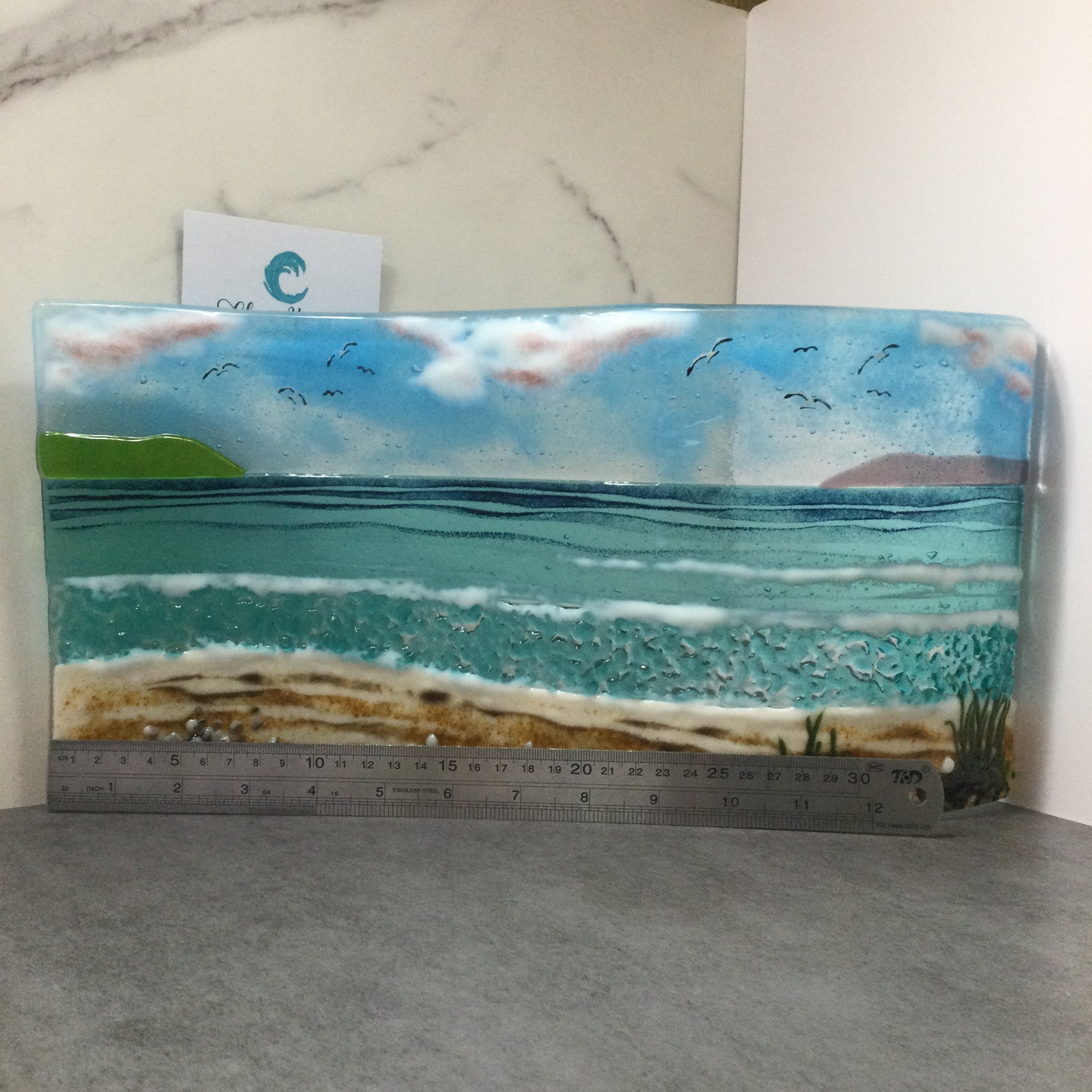 Jumbo Freestanding Wave Fused Glass Sea Scene, Cornish beach with Grass