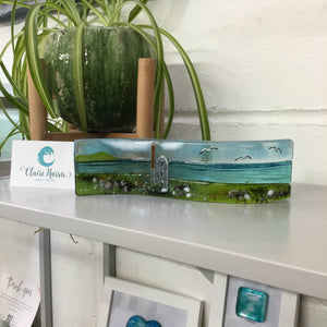 Small freestanding wave - Sea scene with Cornish Tin mine engine house. - Fused Glass By Claire Harris 