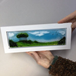 Limited Edition Framed Nearly Home Trees, rectangle framed fused glass