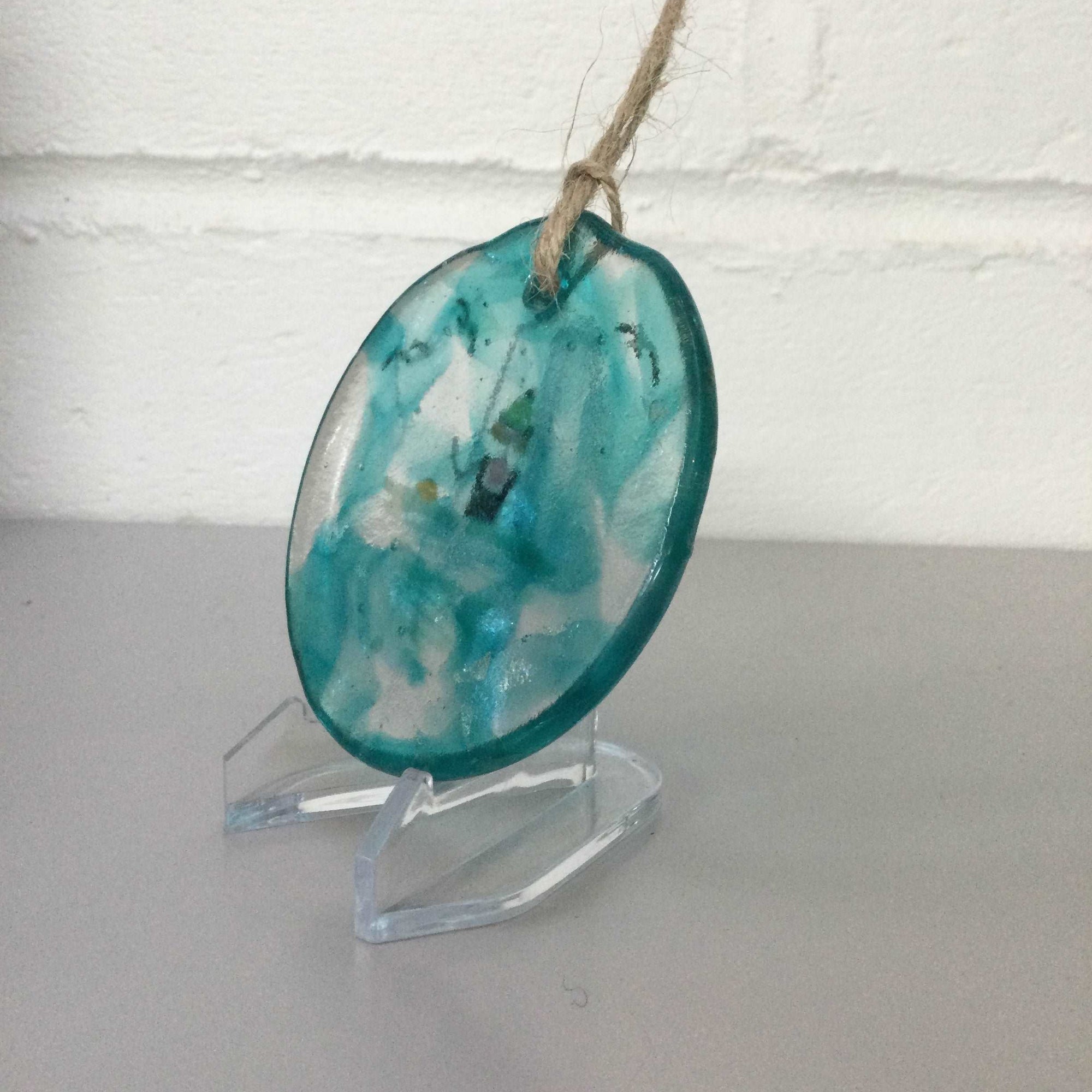 8cm Wild Swimmer with Green Hat Disc Hanger - Fused Glass By Claire Harris 