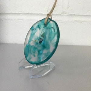 8cm Wild Swimmer with Green Hat Disc Hanger - Fused Glass By Claire Harris 