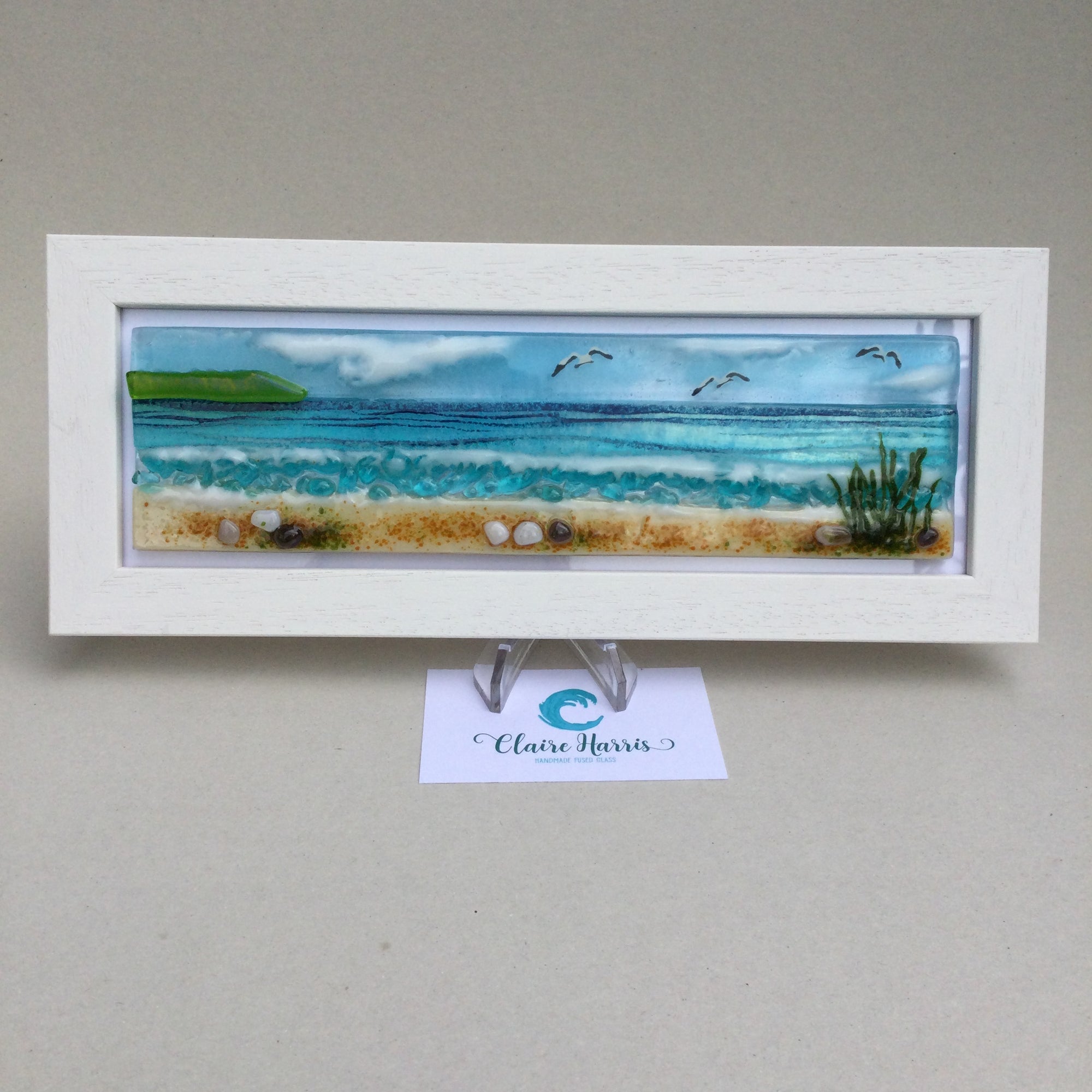 Limited Edition Framed Sea Scene, rectangle framed fused glass