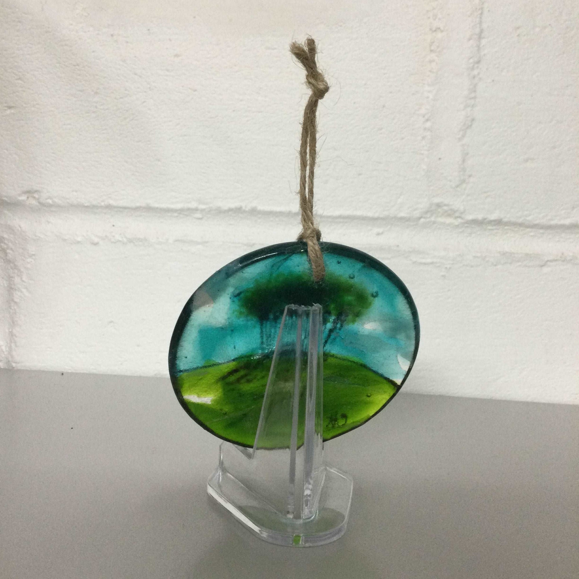 8cm Nearly Home Trees Disc Hanger - Fused Glass By Claire Harris 