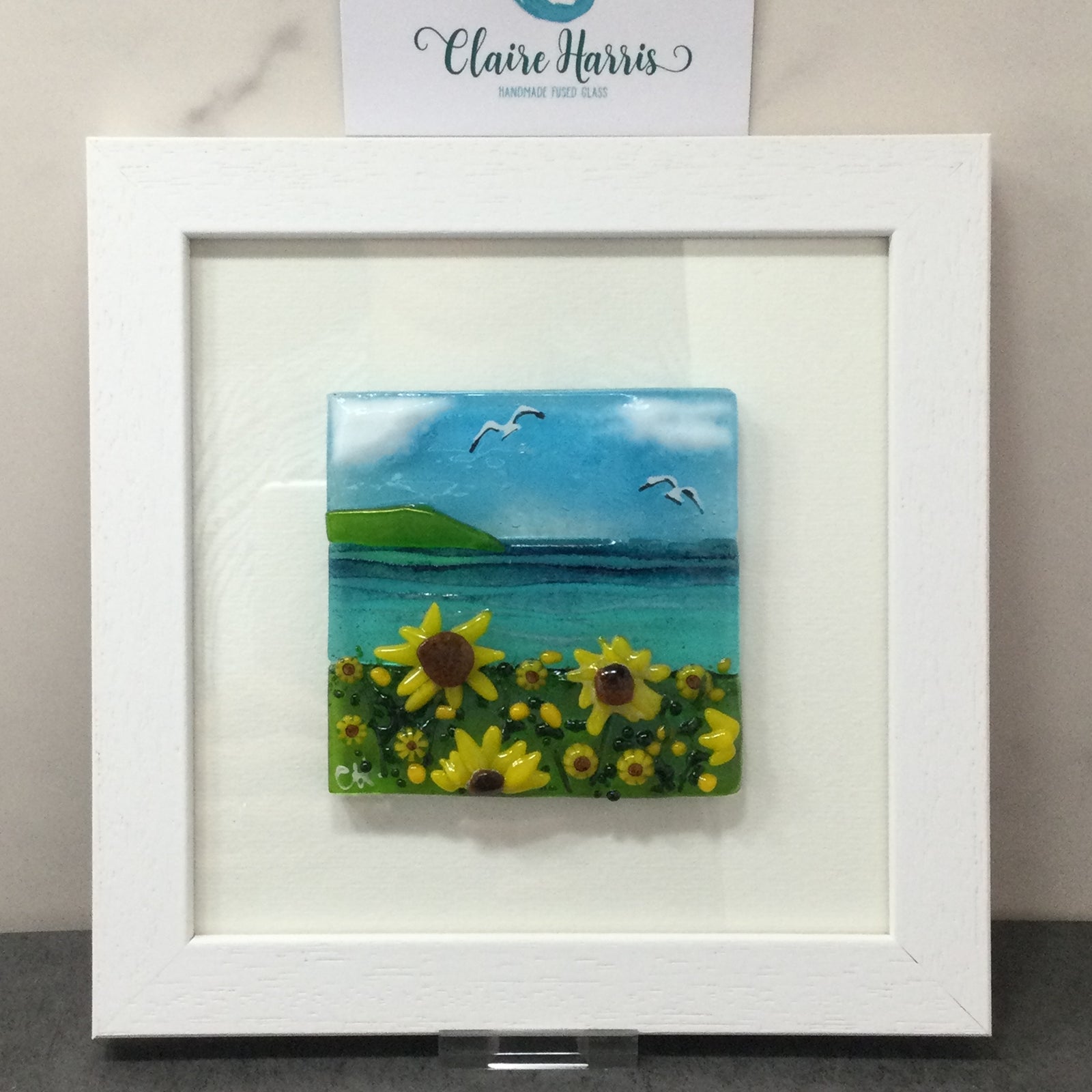 Square Framed Fused Glass - Sunflower Field Scene