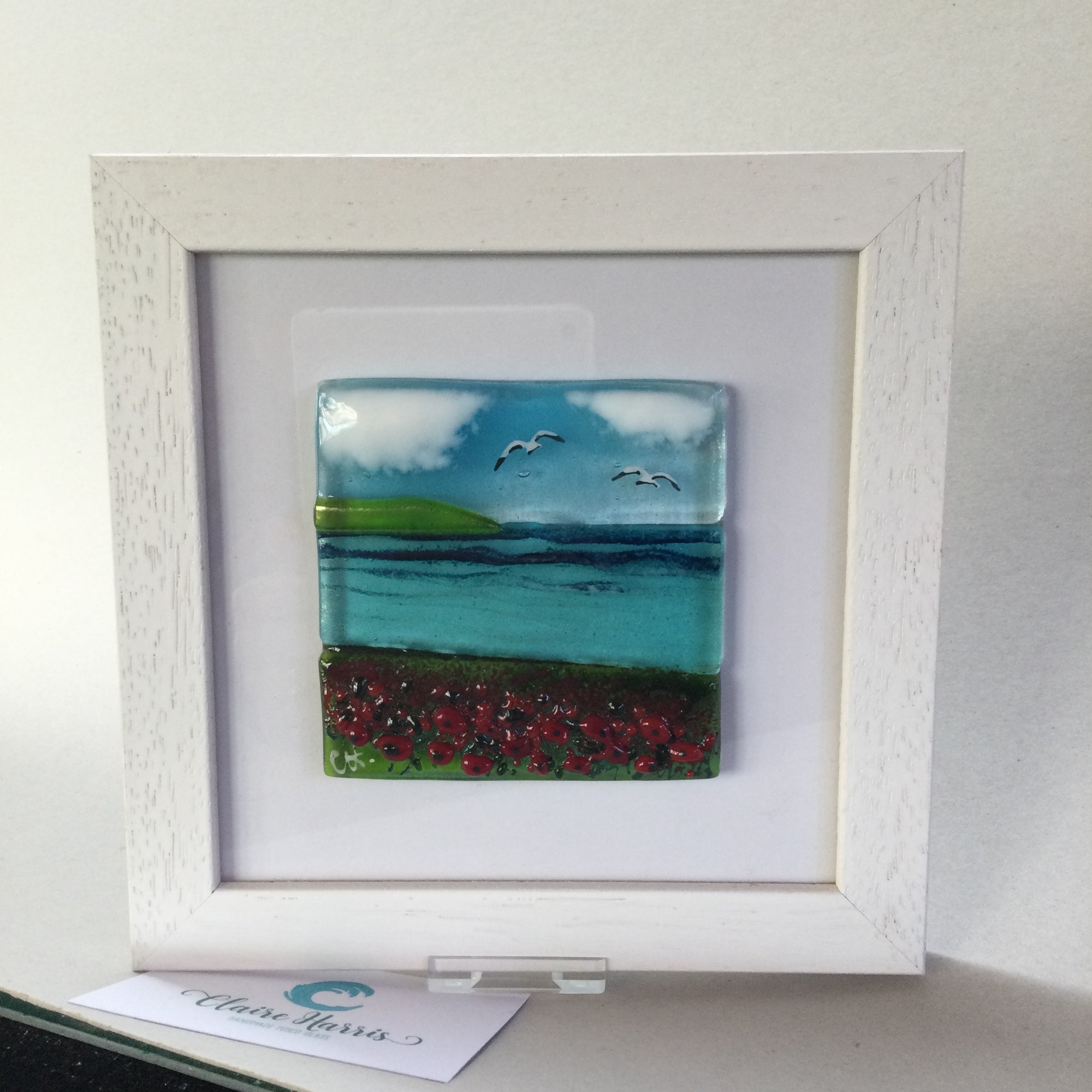 Limited Edition Framed Fused Glass Square Poppy Field Scene