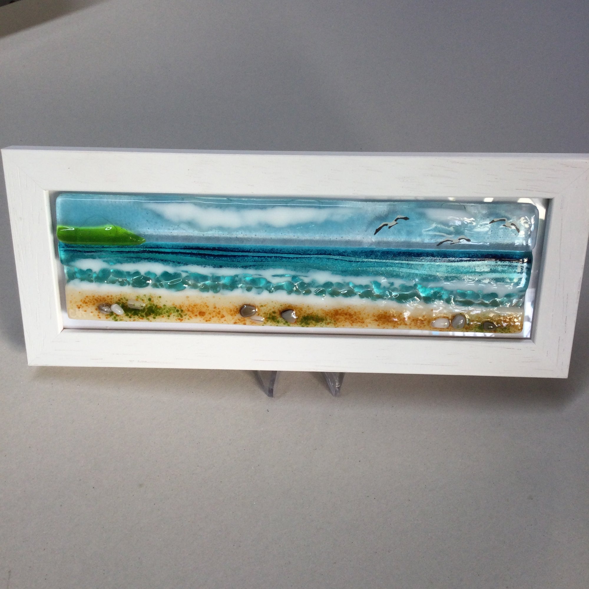 Limited Edition Framed Sea Scene, rectangle framed fused glass