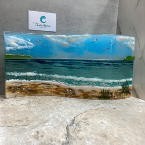 Jumbo Freestanding Wave Fused Glass Sea Scene, Cornish beach with Grass