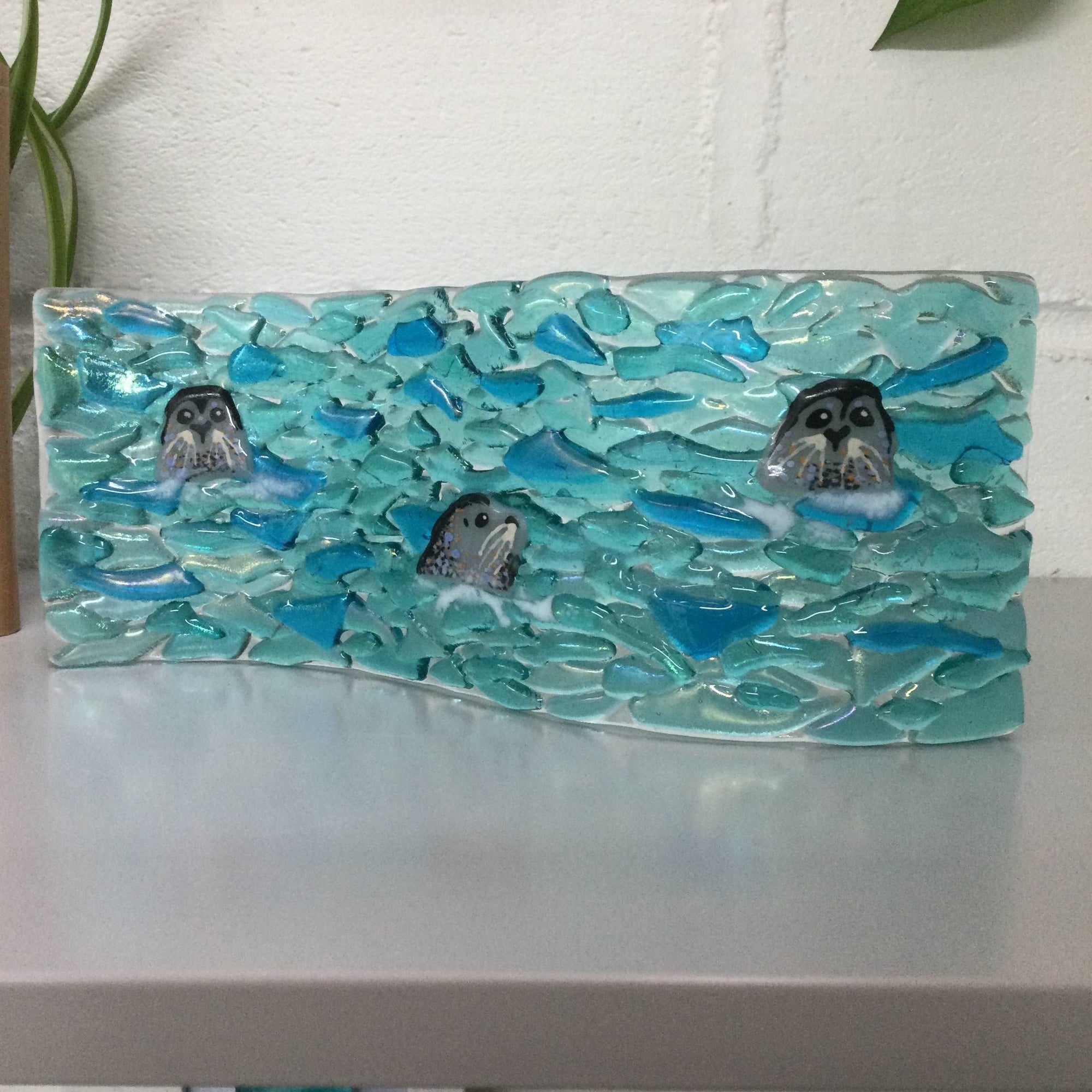 9cm Trio of Seals Freestanding Wave - Fused Glass By Claire Harris 