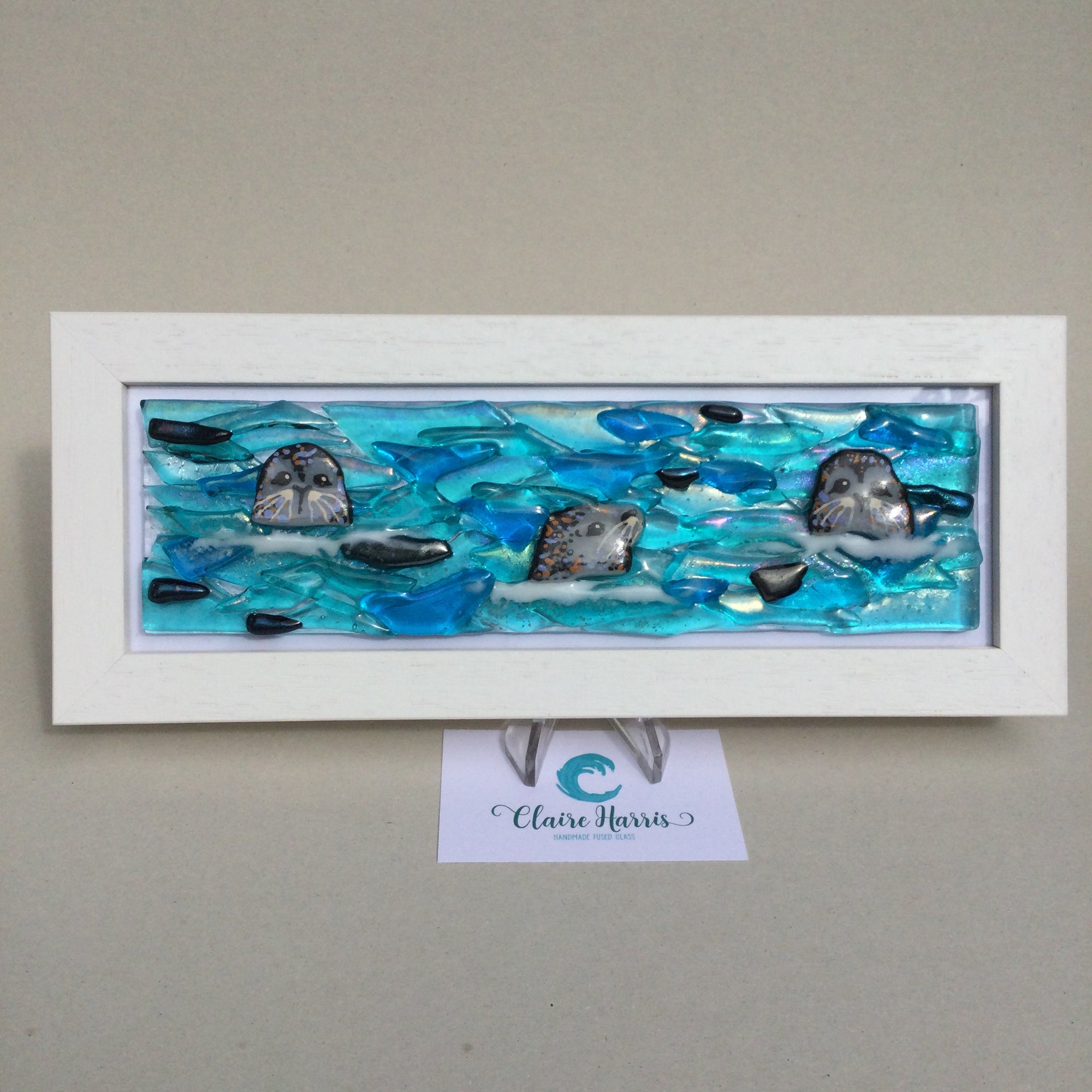 Limited Edition Framed Seals, rectangle framed fused glass