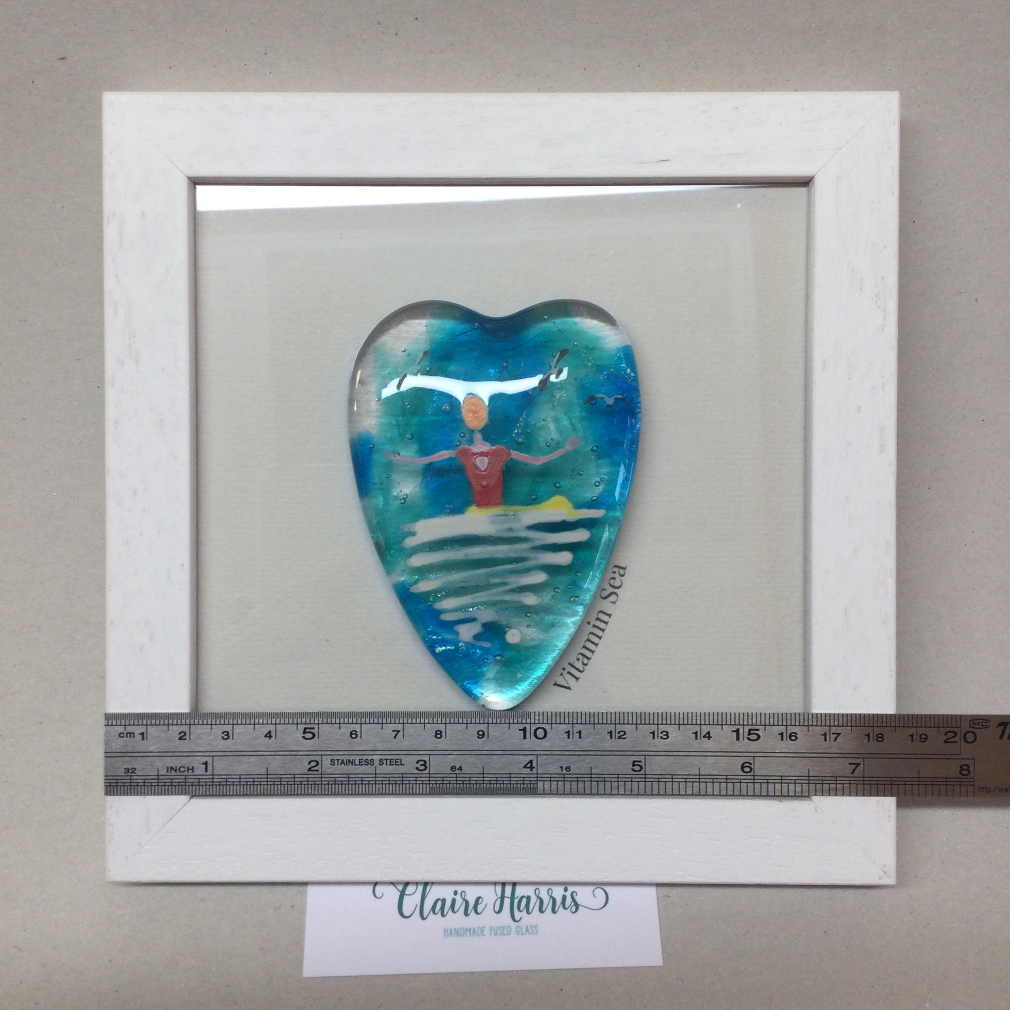 Limited Edition Fused Glass Framed Heart - Swimmer with Red Costume and Orange Cap