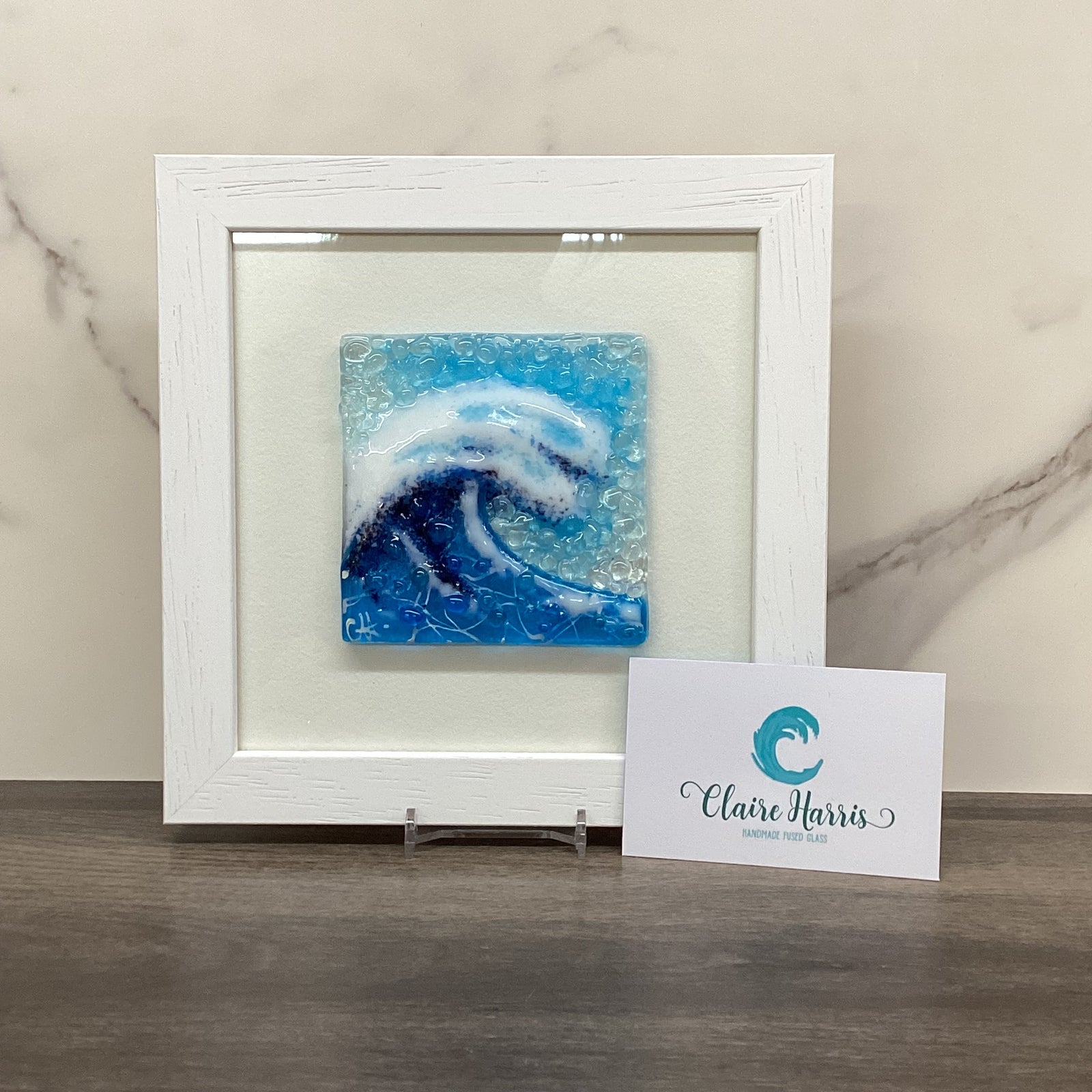 Framed Fused Glass Square Turquoise Crashing Wave