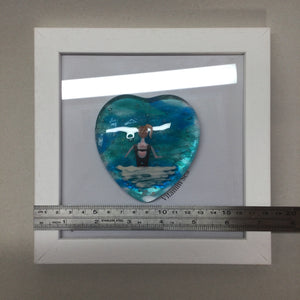 Limited Edition Framed Fused Glass Heart Sea Swimming Lady - Black Costum and Ginger Hair