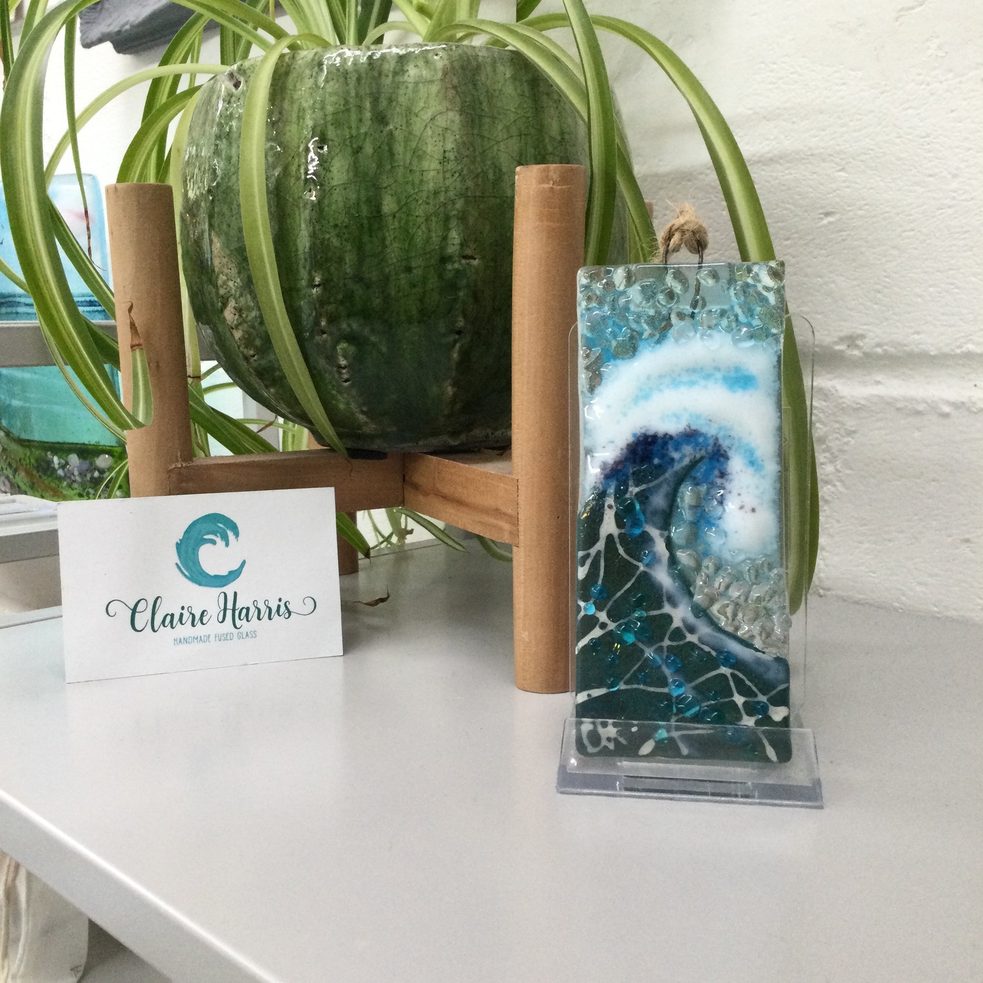 Small Hanger - Dark Aqua Crashing Wave - Fused Glass By Claire Harris 