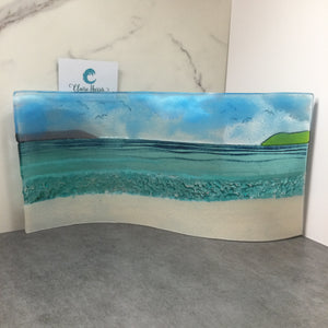 Jumbo Freestanding Wave Fused Glass Sea Scene, Cornish beach with Grass