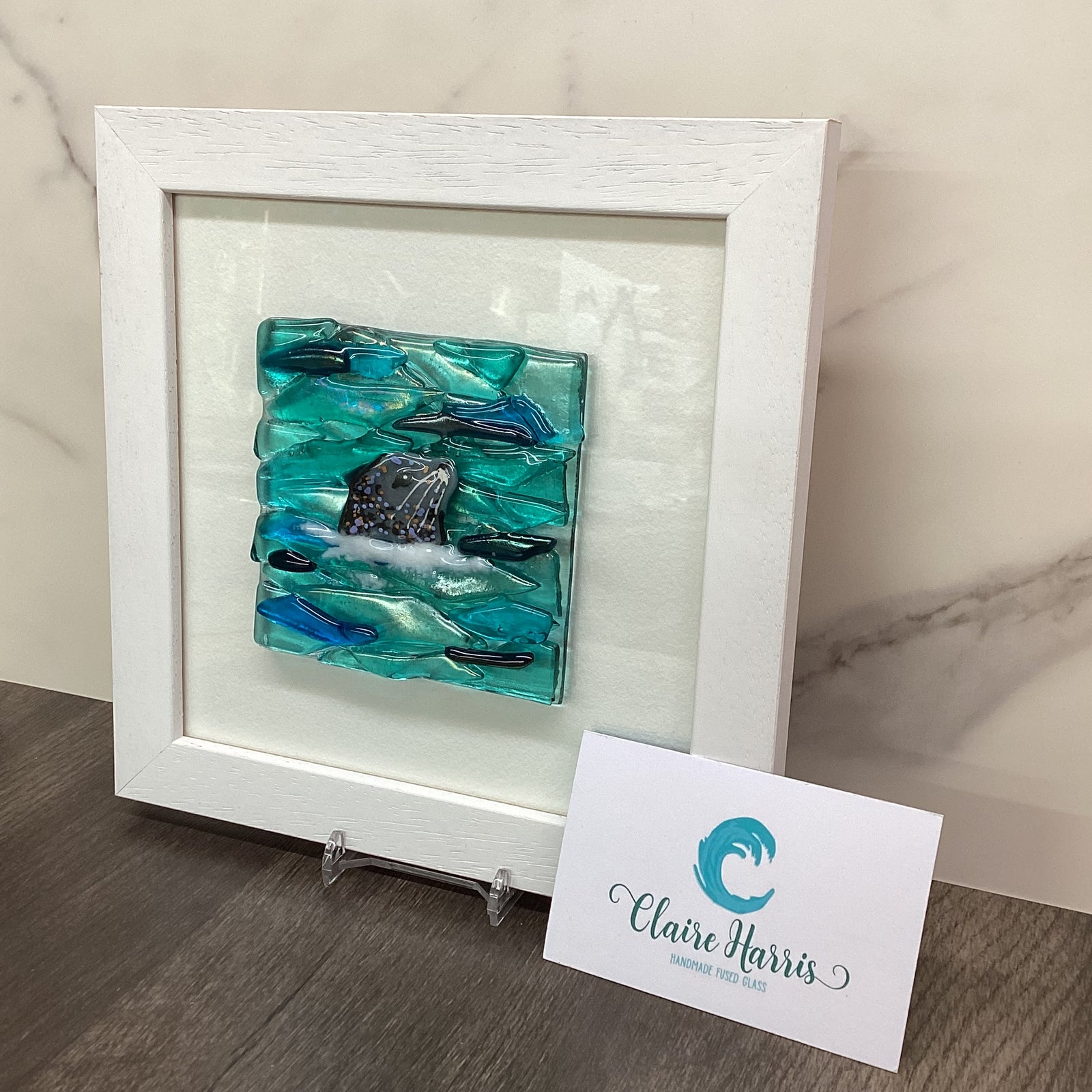Square Framed Fused Glass Seal Side Facing, handmade fused glass by Claire Harris in Cornwall