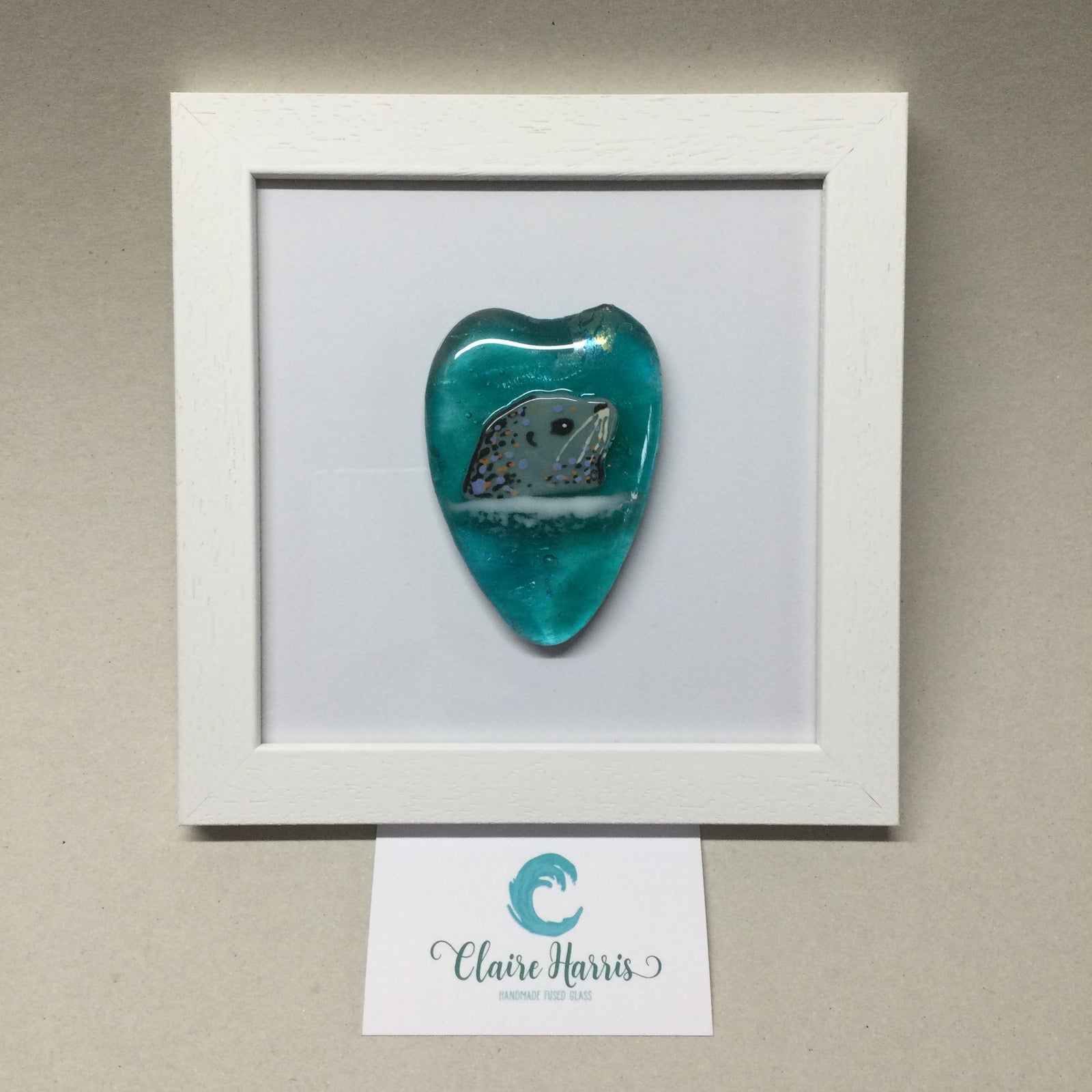 Limited Edition Fused Glass Framed Seal Heart - Light Aqua