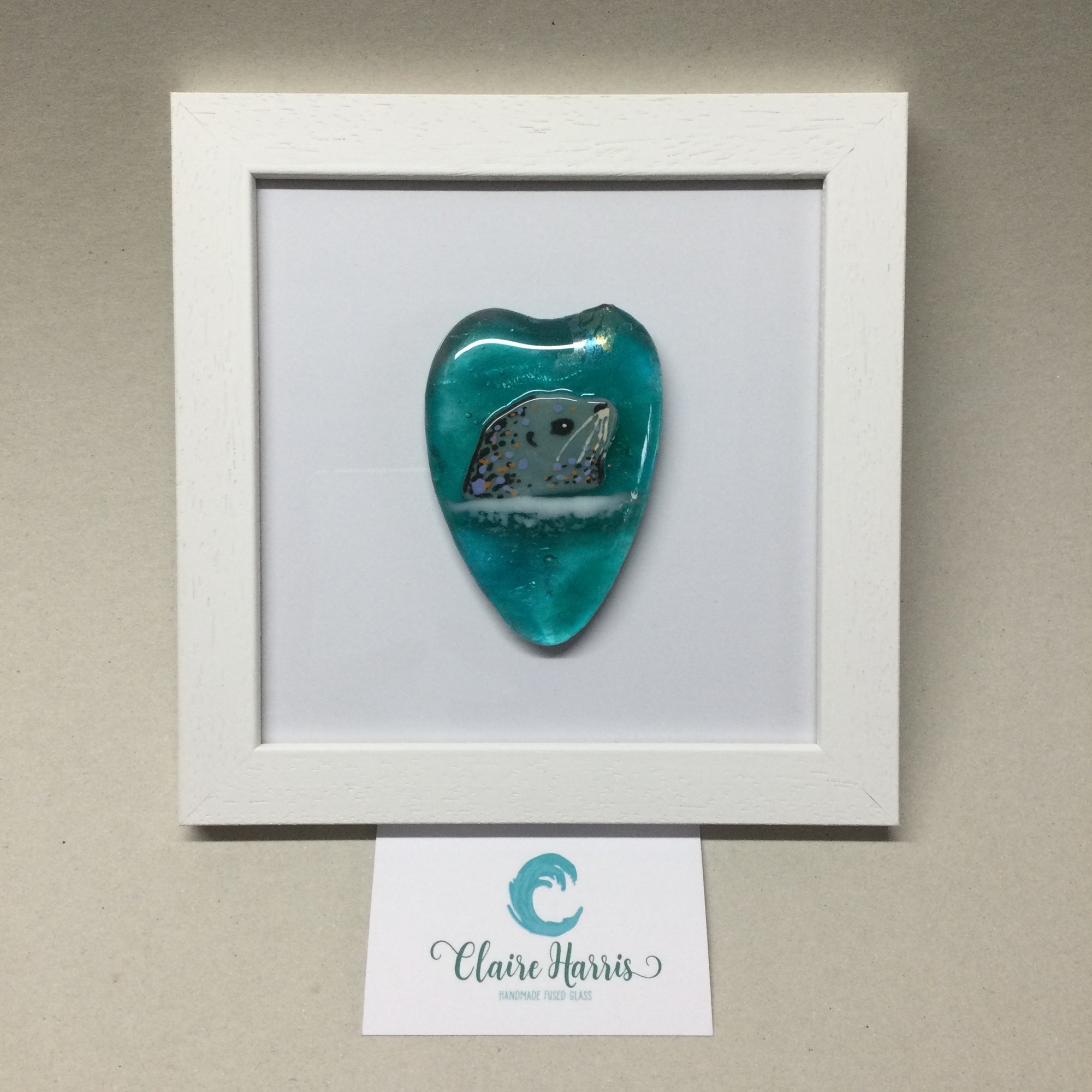 Limited Edition Fused Glass Framed Seal Heart - Light Aqua