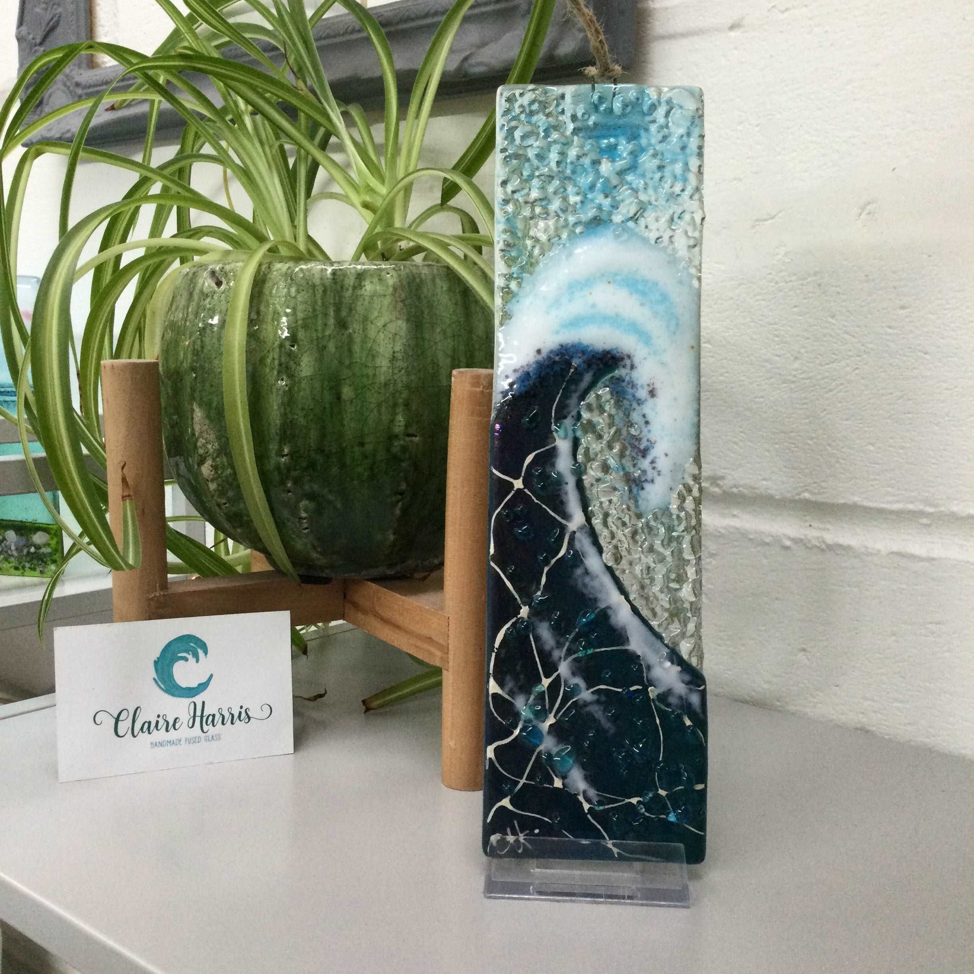 Large Hanger - Dark Aqua Crashing Wave - Fused Glass By Claire Harris 