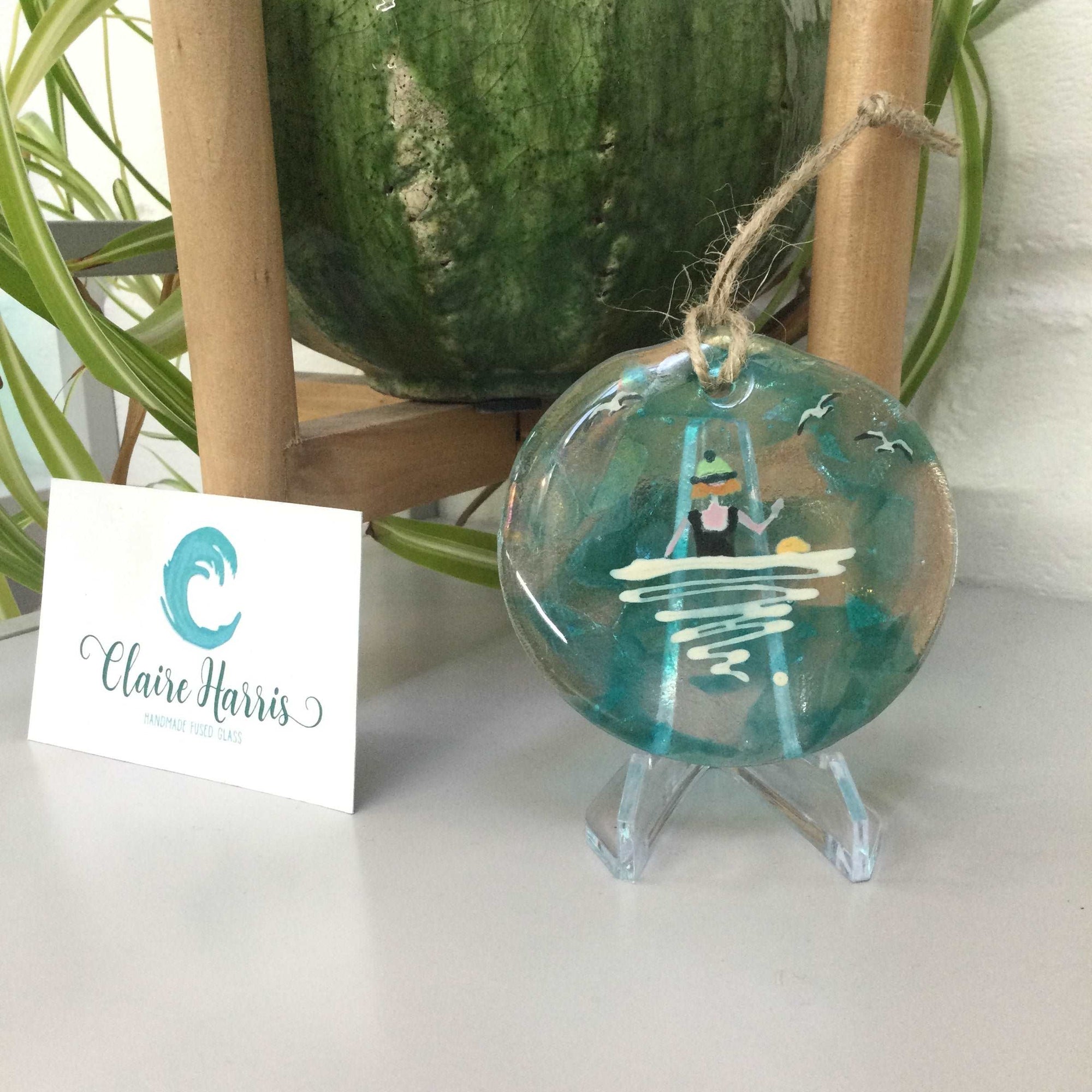 8cm Wild Swimmer with Green Hat Disc Hanger - Fused Glass By Claire Harris 