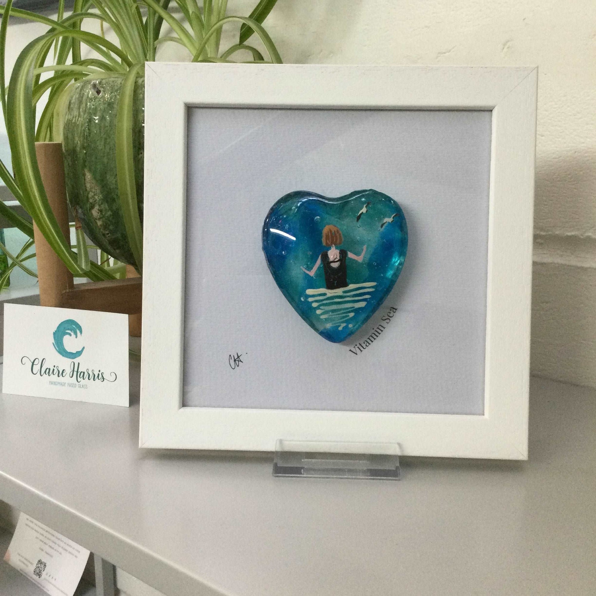 Framed Fused Glass Round Heart - Wild Sea Swimmer - Fused Glass By Claire Harris 