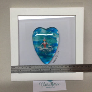 Limited Edition Framed Fused Glass Sea Swimmer with Red Costume, Purple Bobble Hat