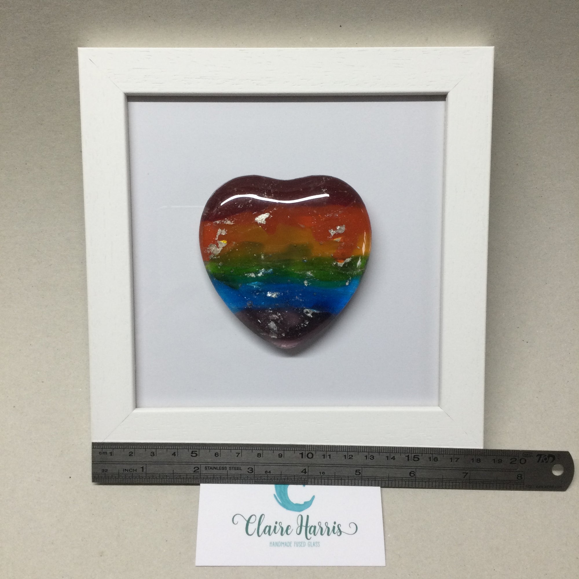 Limited Edition Framed Fused Glass Round Rainbow Heart with Silver