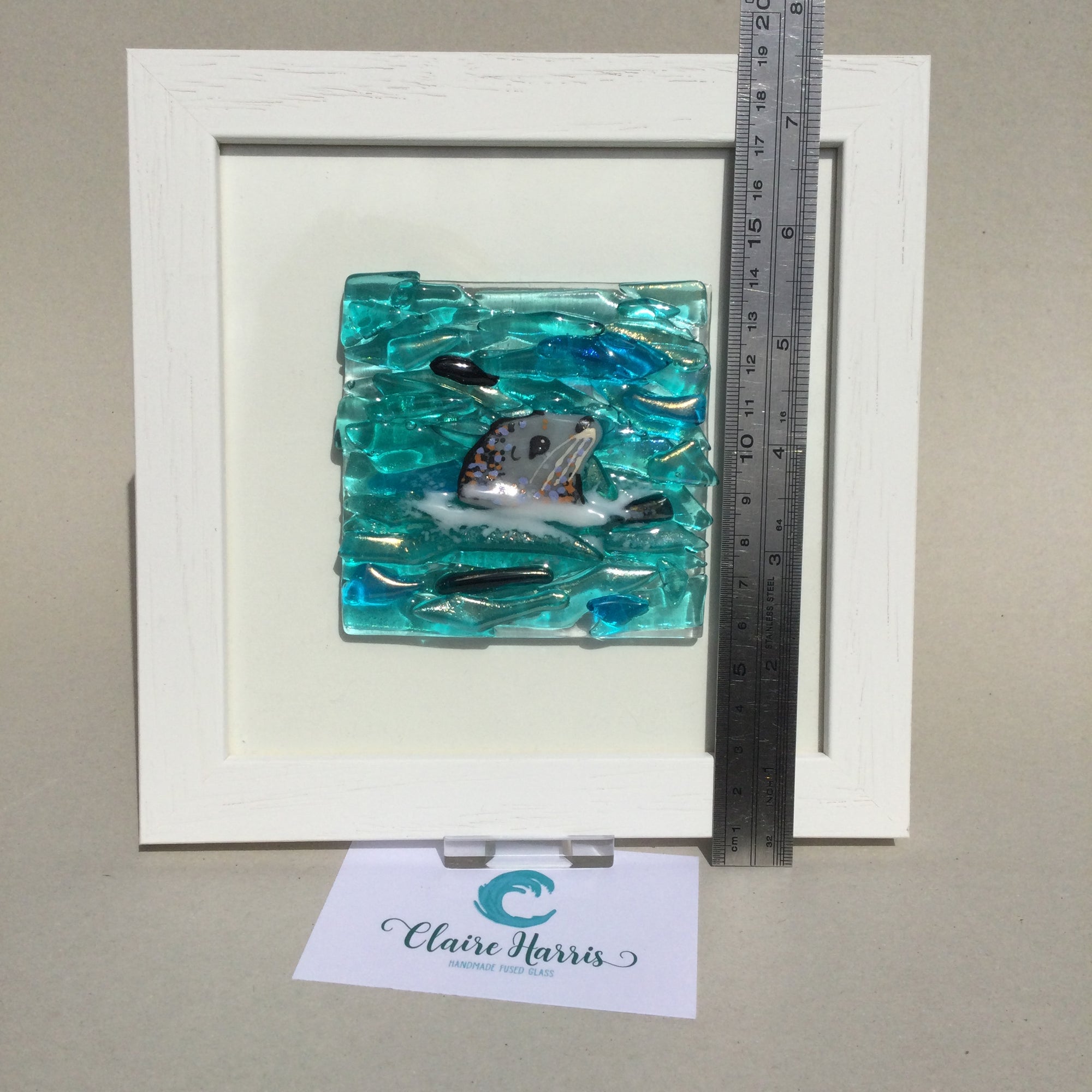 Square Framed Fused Glass Seal Side Facing