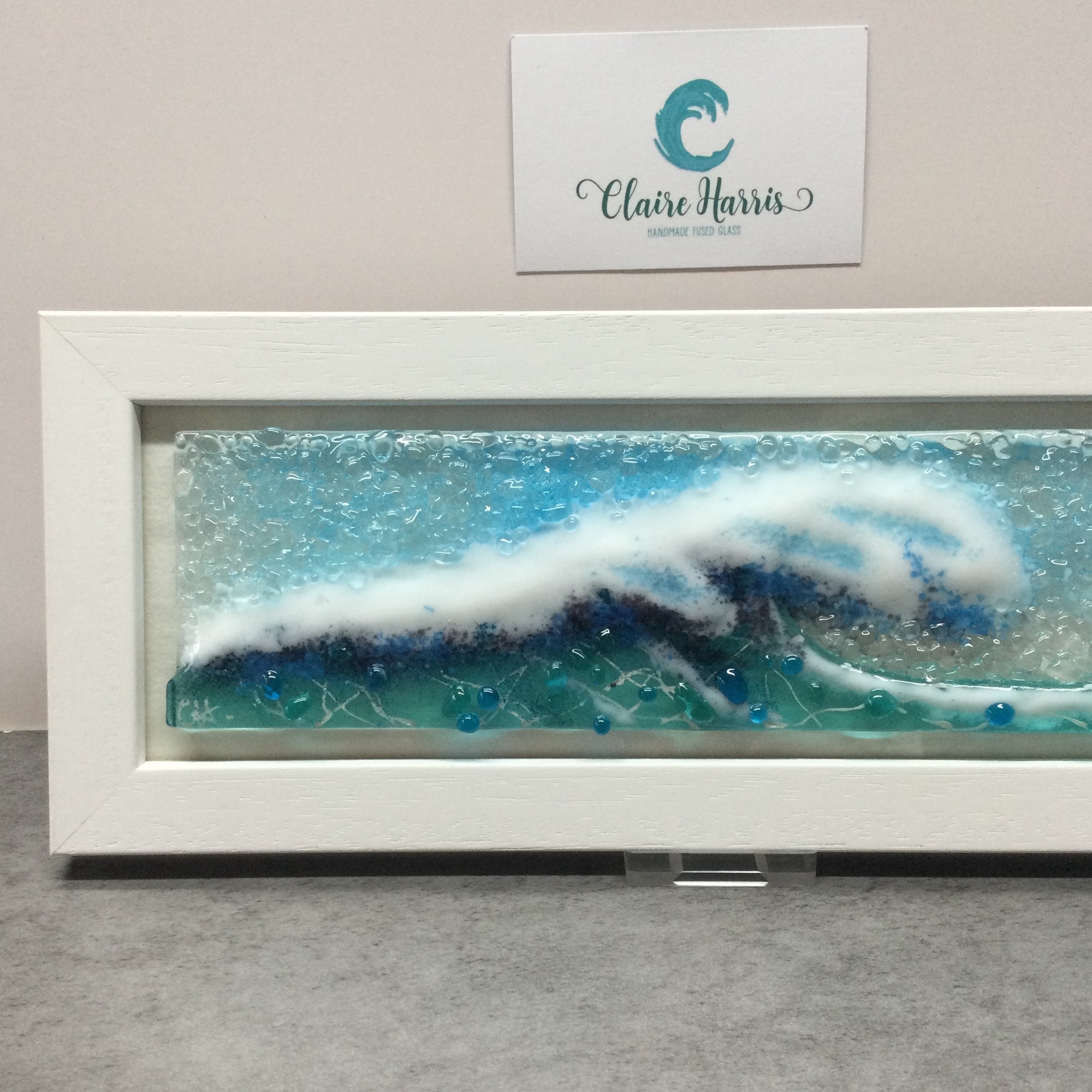 Regular size Framed Light Aqua Crashing Wave, rectangle framed fused glass