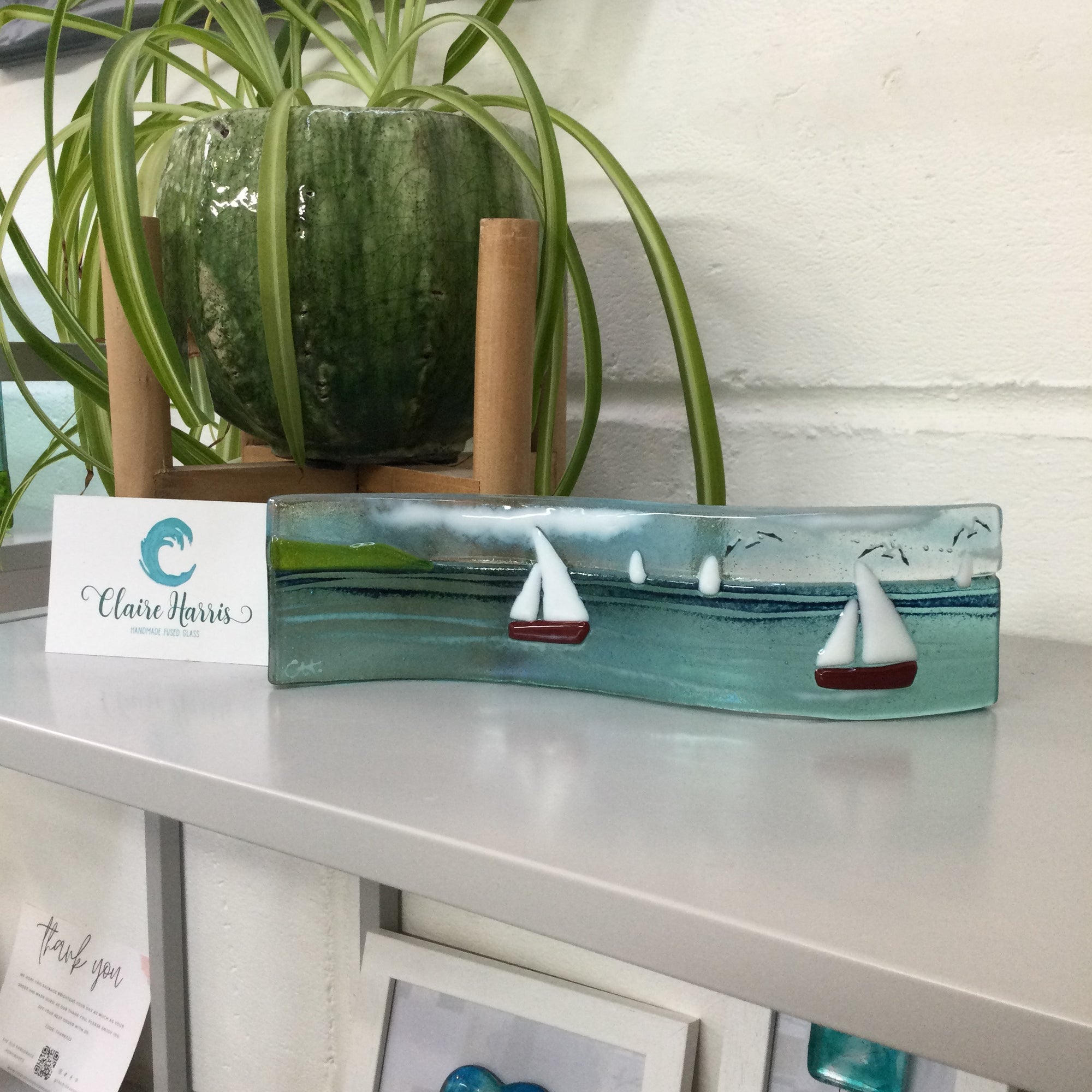 Small Freestanding Wave - Sea Scene with sailing boats - Fused Glass By Claire Harris 