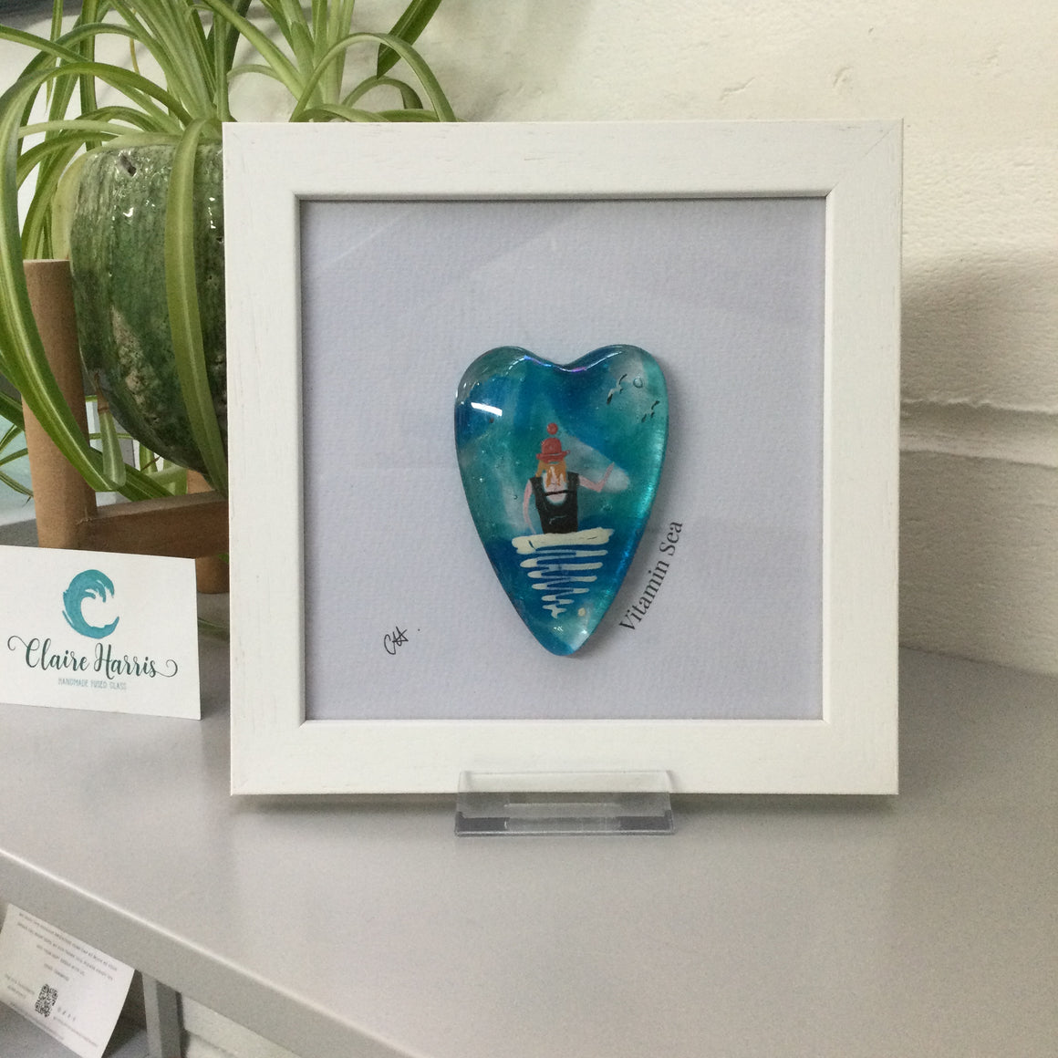 Framed Fused Glass Conical Heart - Wild Sea Swimmer