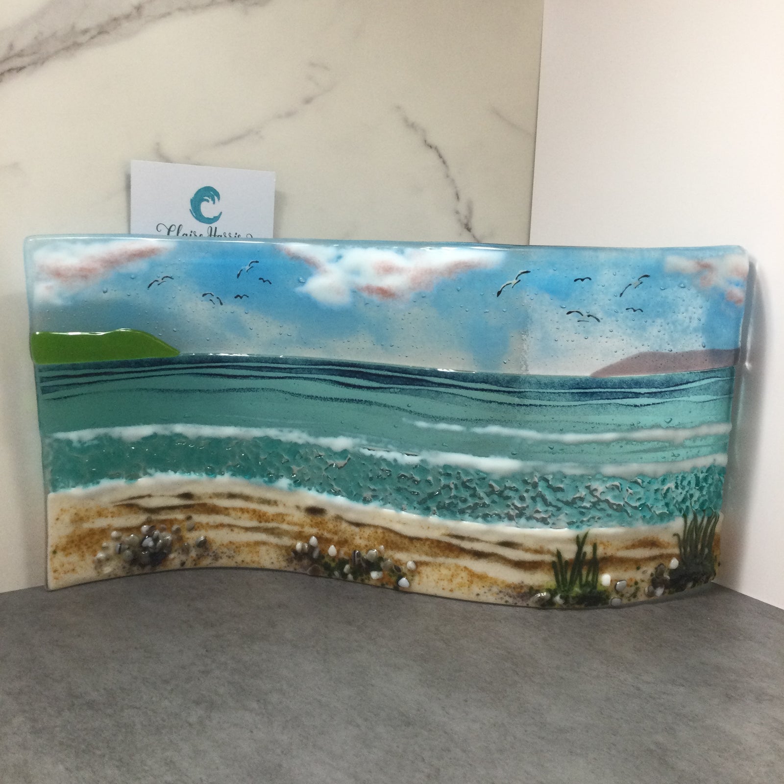 Jumbo Freestanding Wave Fused Glass Sea Scene, Cornish beach with Grass