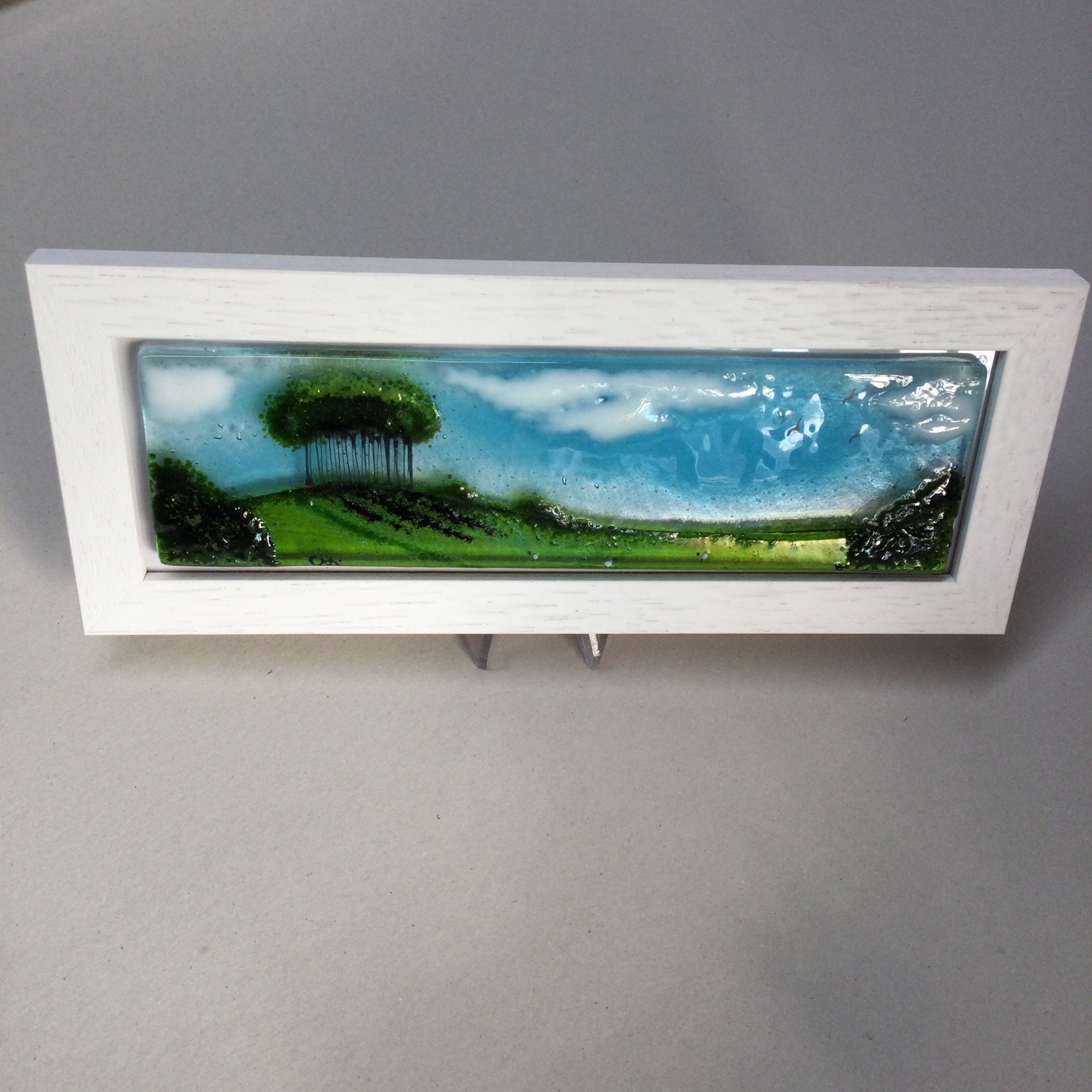 Limited Edition Framed Nearly Home Trees, rectangle framed fused glass