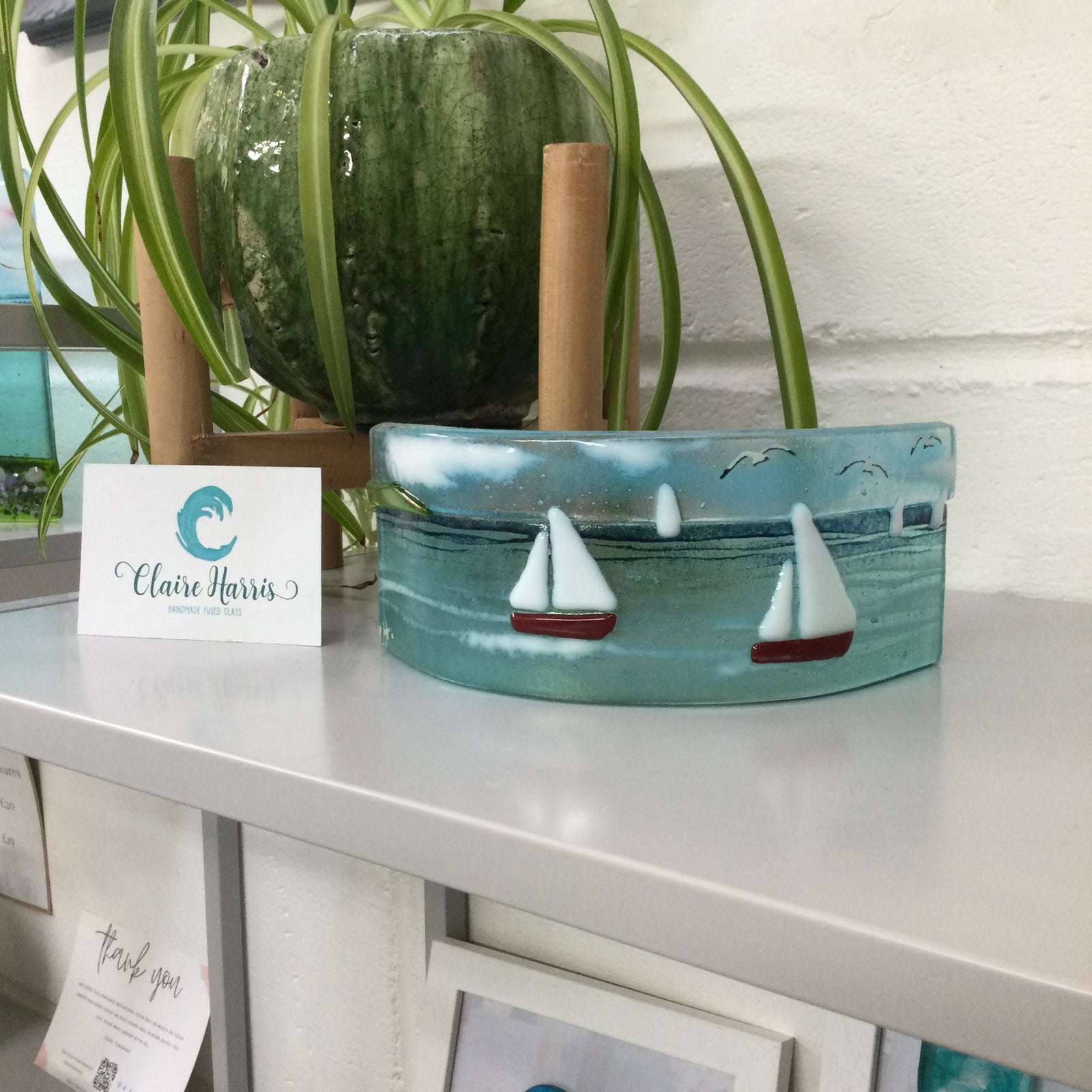 Curve - Cornish Sea scene with sailing boats - Fused Glass By Claire Harris 