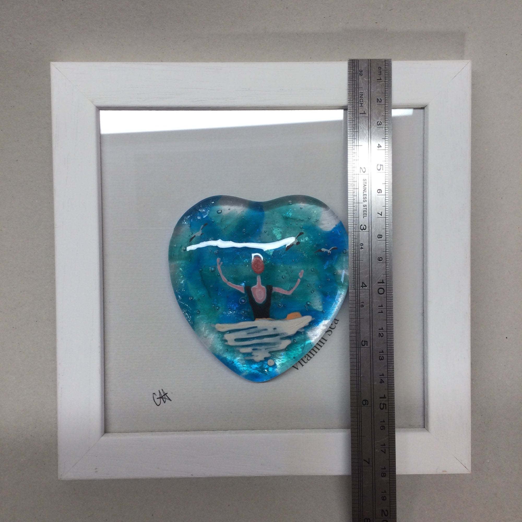 Limited Edition Framed Fused Glass Heart Sea Swimmer with Black Costume and Red Cap