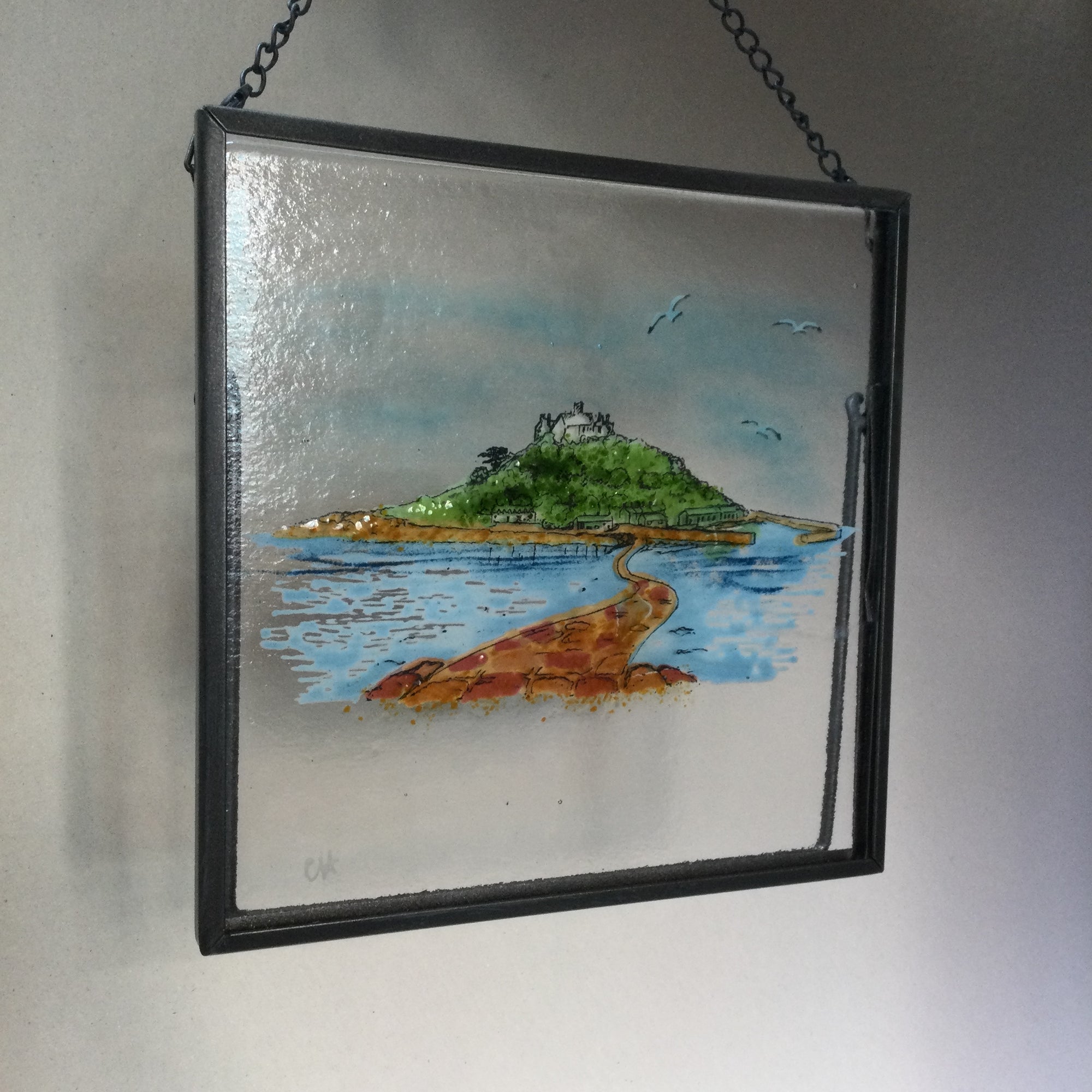 LIMITED EDITION fused glass square framed St Michaels Mount, hanger or standing display.