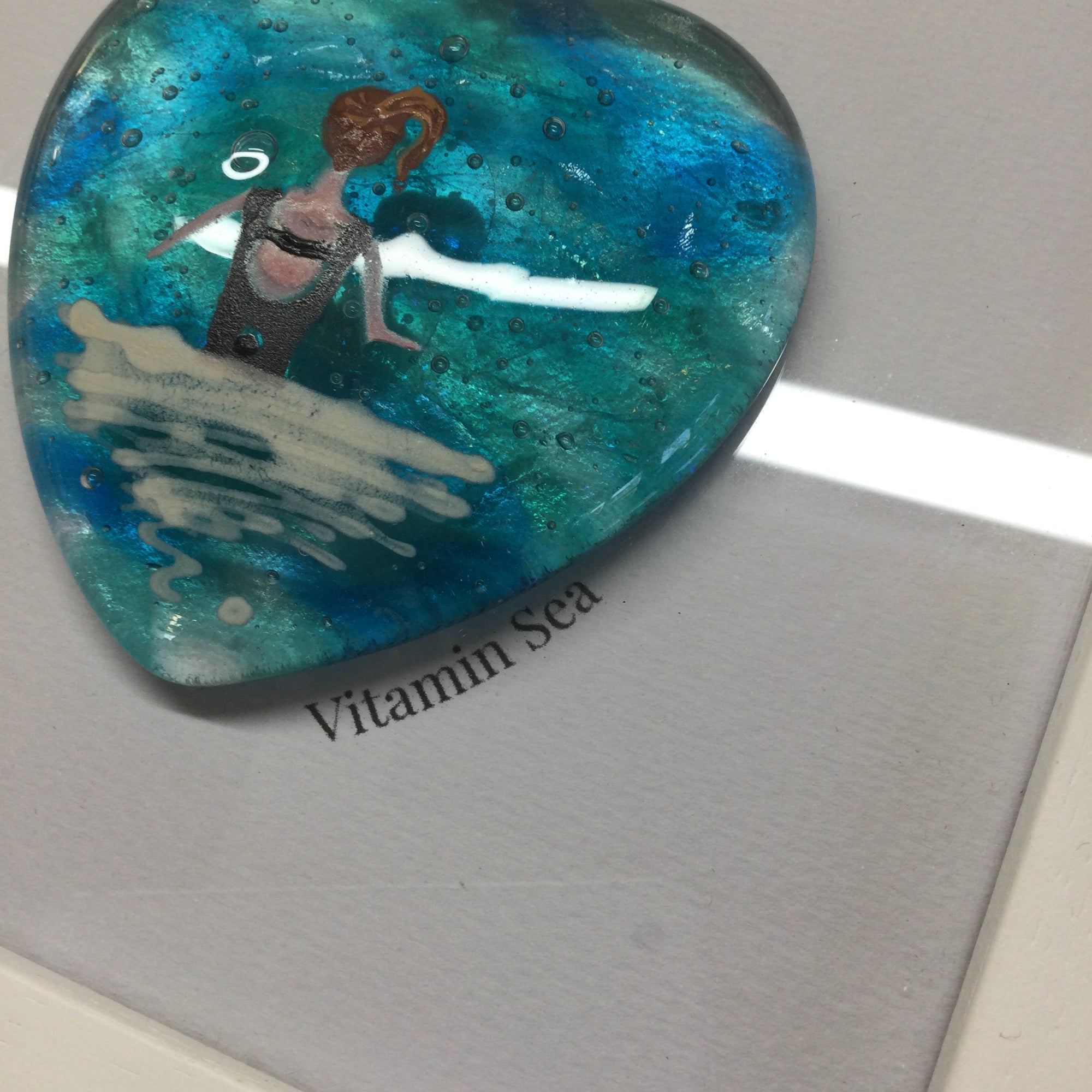 Limited Edition Framed Fused Glass Heart Sea Swimming Lady - Black Costum and Ginger Hair