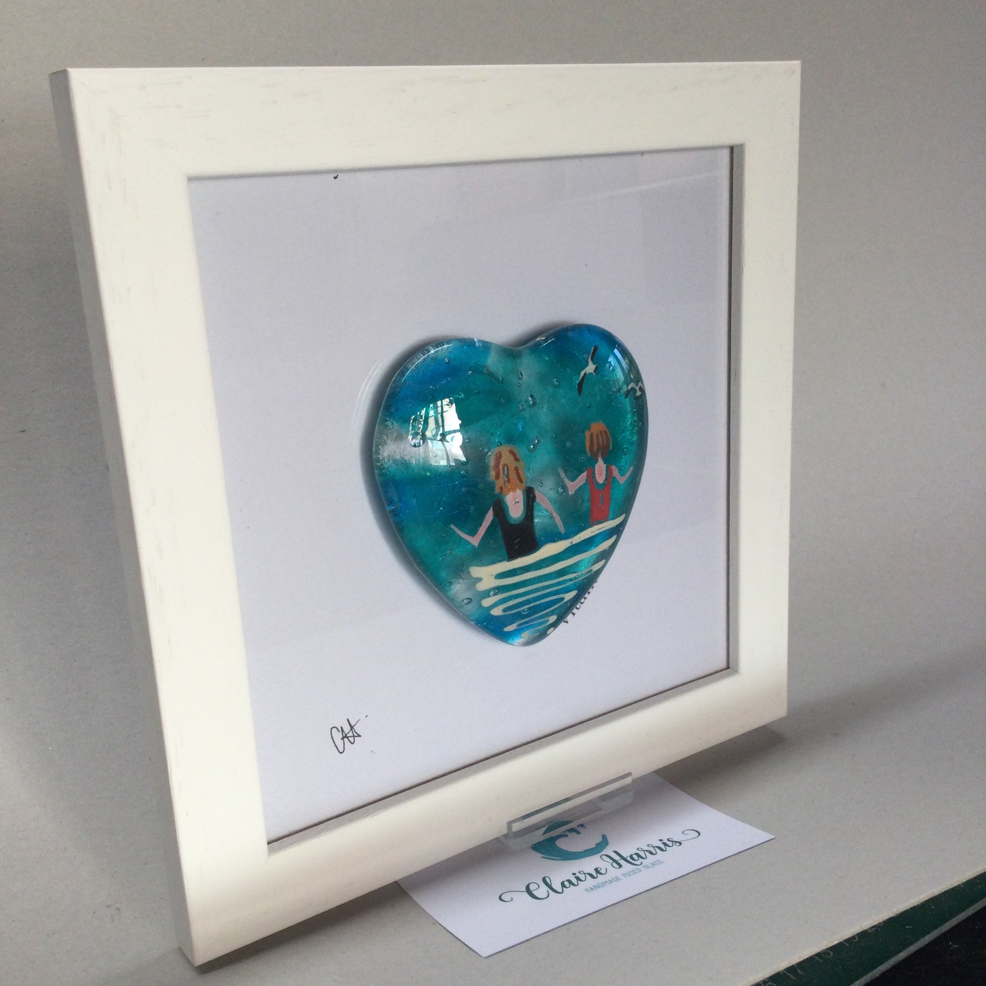 Limited Edition Framed Fused Glass Heart Swimming Ladies - Black and Red Costumes