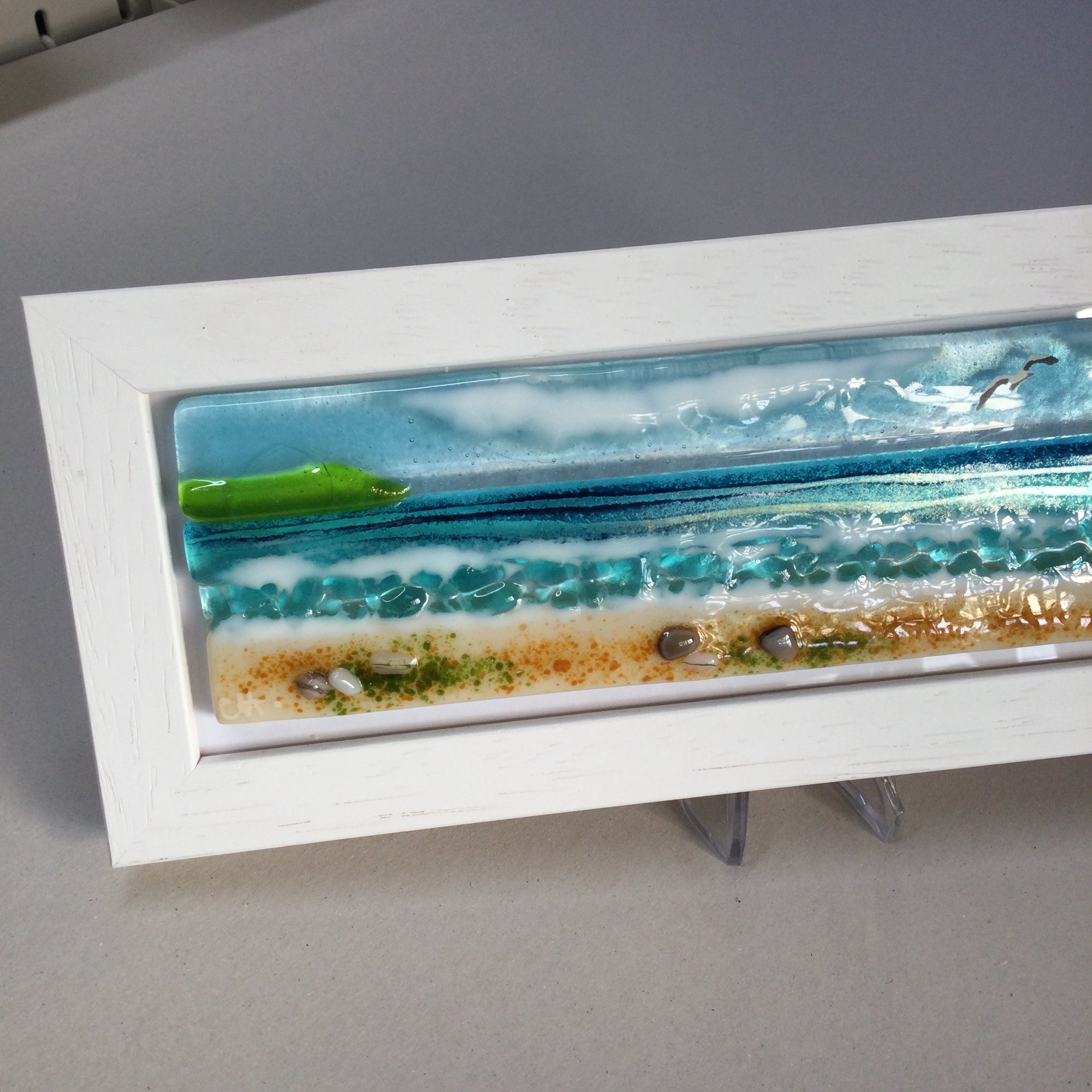 Limited Edition Framed Sea Scene, rectangle framed fused glass