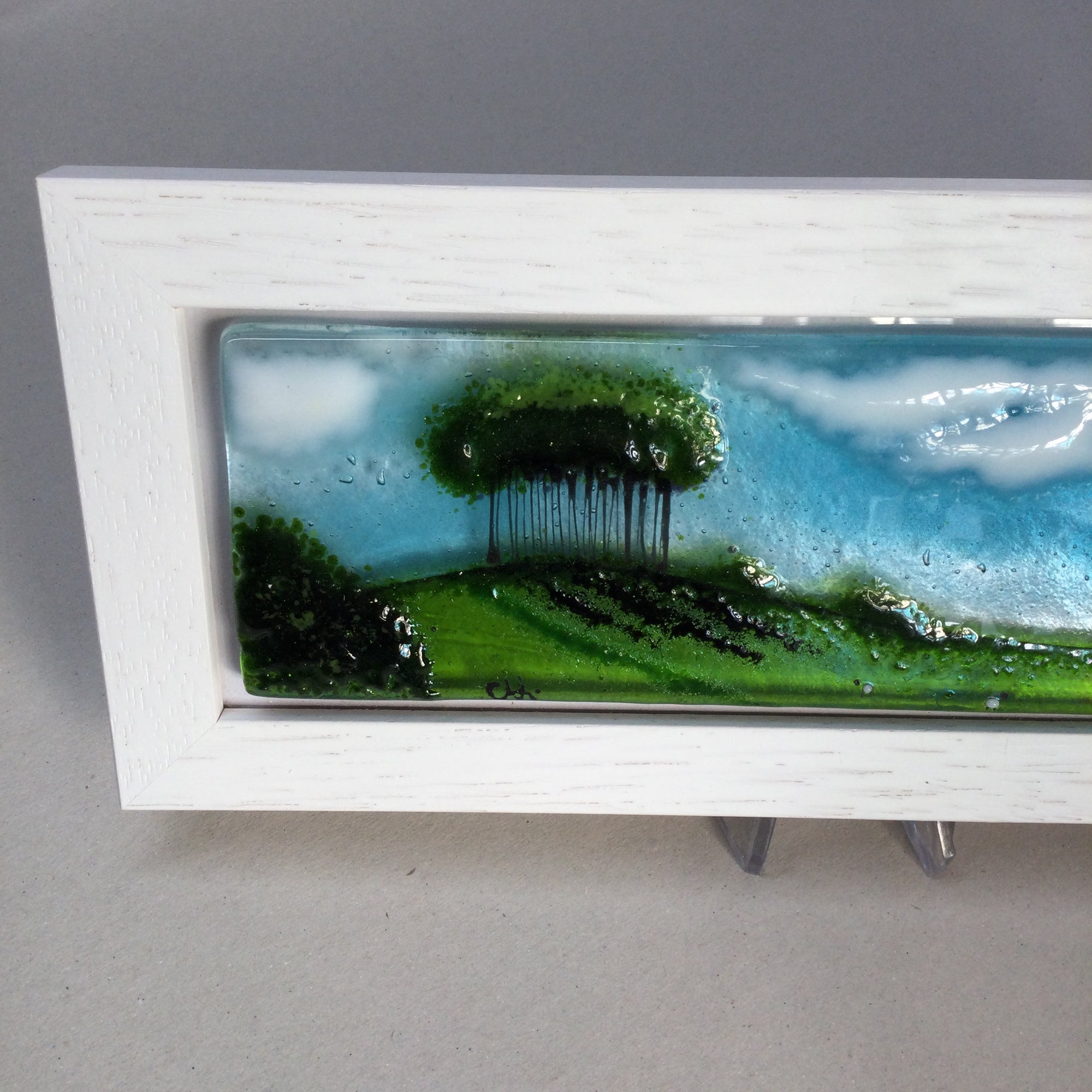 Limited Edition Framed Nearly Home Trees, rectangle framed fused glass