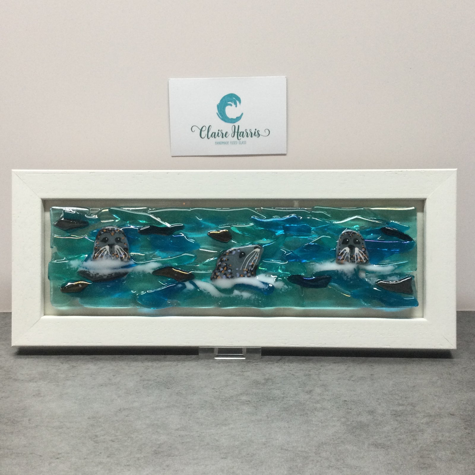 Limited Edition Framed Seals, rectangle framed fused glass