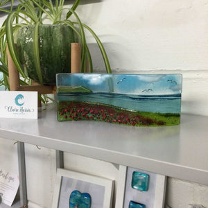 Large Freestanding Wave - Poppy field Sea Scene - Fused Glass By Claire Harris 