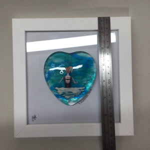 Limited Edition Framed Fused Glass Heart Sea Swimming Lady - Black Costum and Ginger Hair