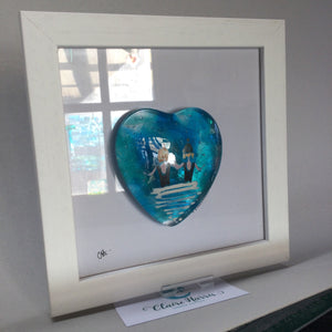 Limited Edition Framed Fused Glass Heart - Pair of Sea Swimmers in Black Costumes