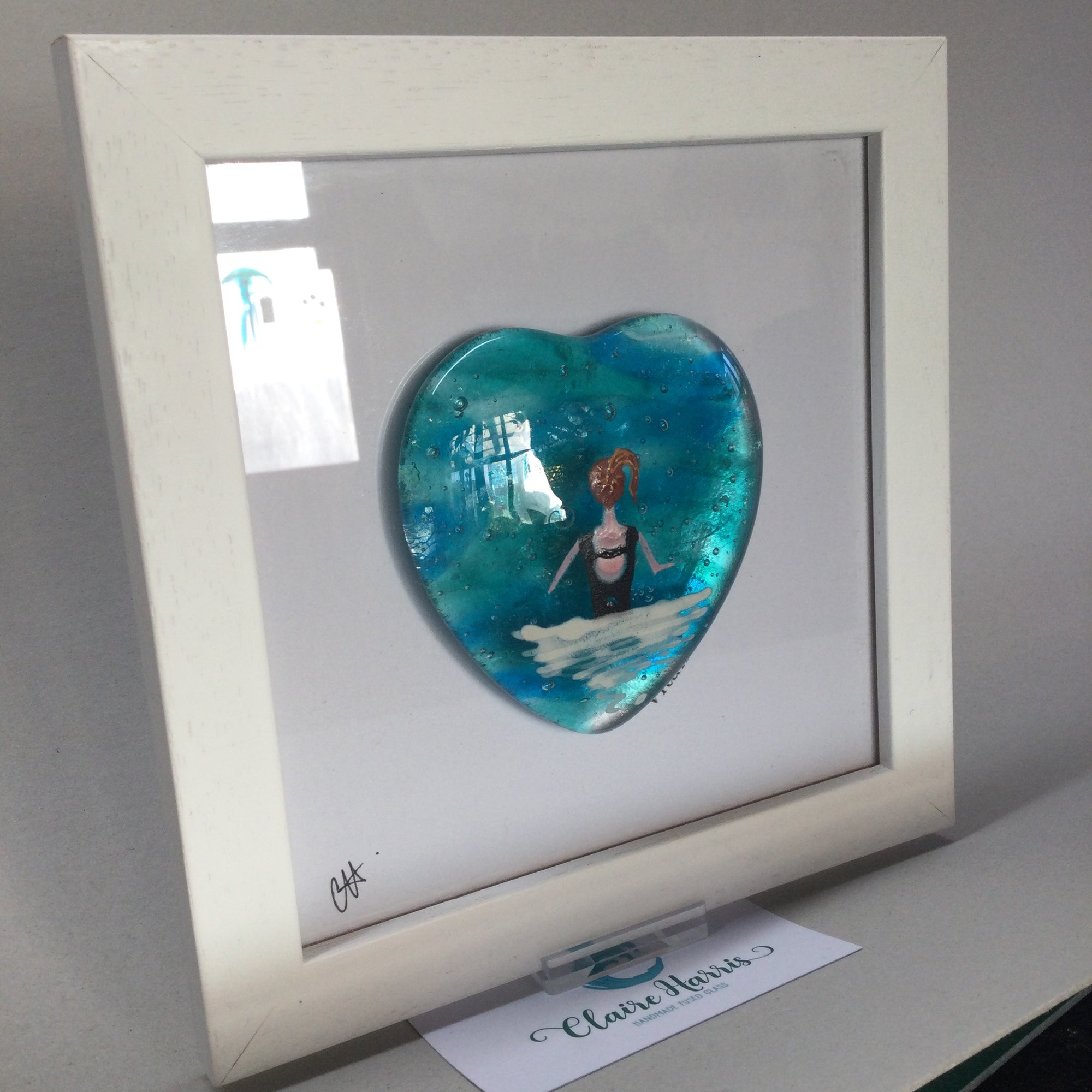 Limited Edition Framed Fused Glass Heart Sea Swimming Lady - Black Costum and Ginger Hair